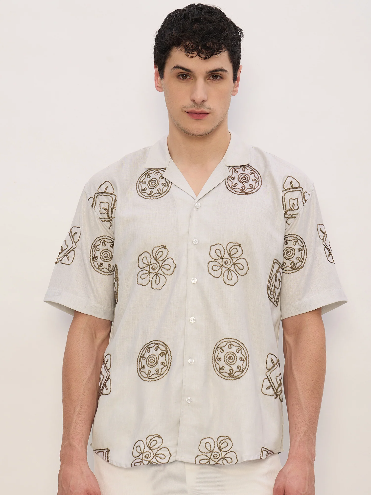Beige: Half Sleeves Embroidered Shirt