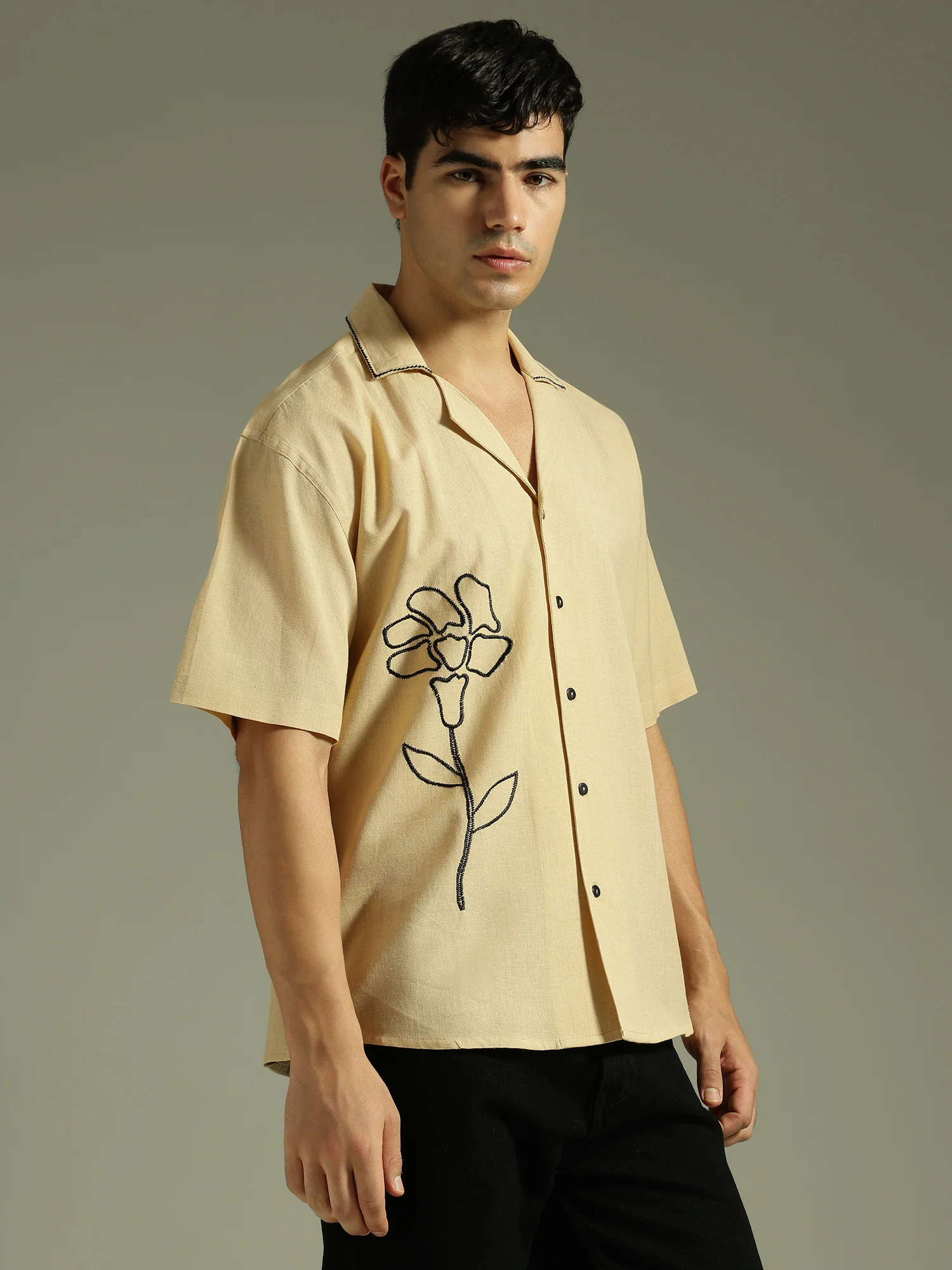 Beige & Black: Embroidered Drop Shoulder Oversized Shirt