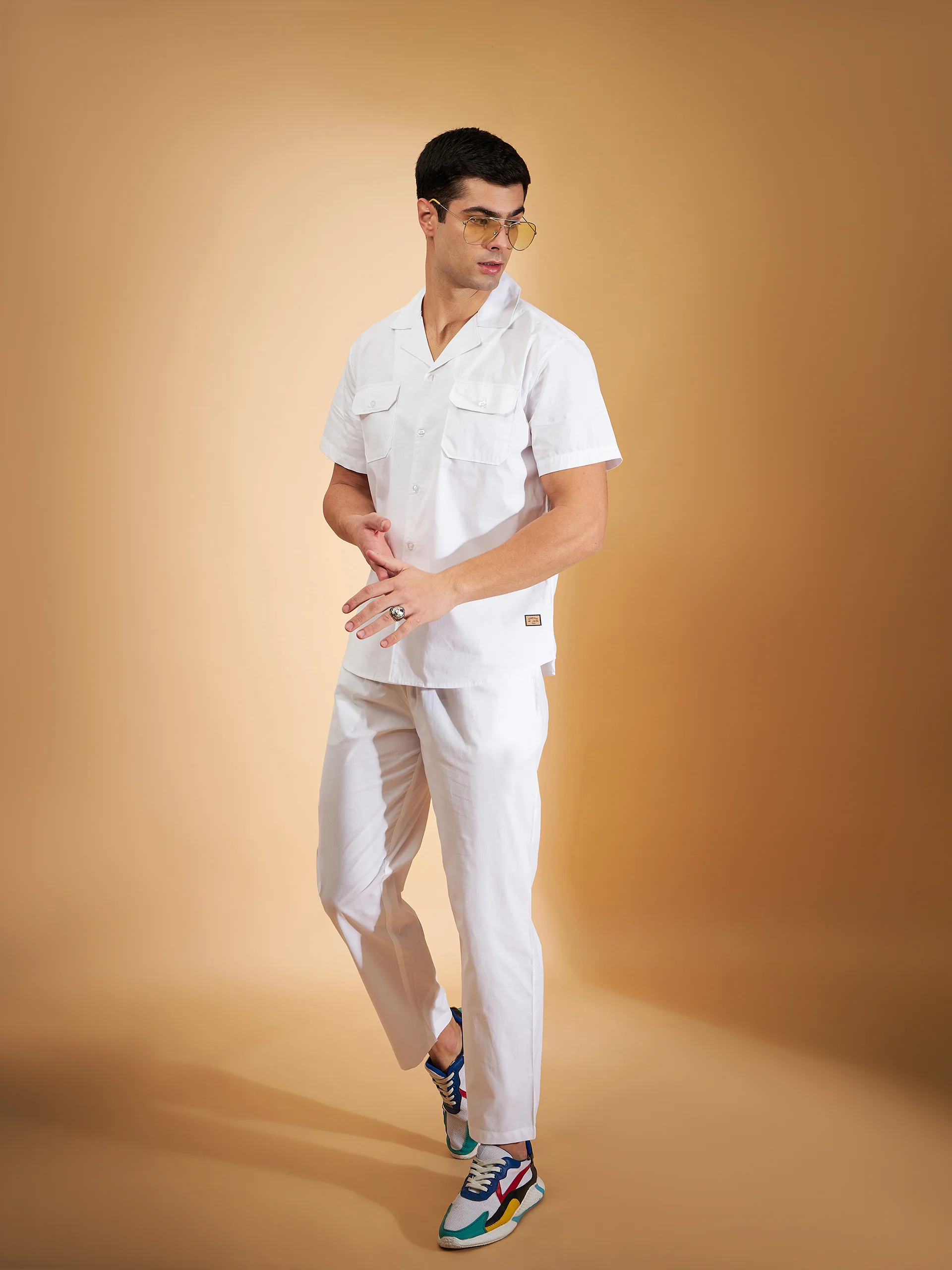 DENNISON Men White Coord Set | Solid Shirt With Straight Fit Pant