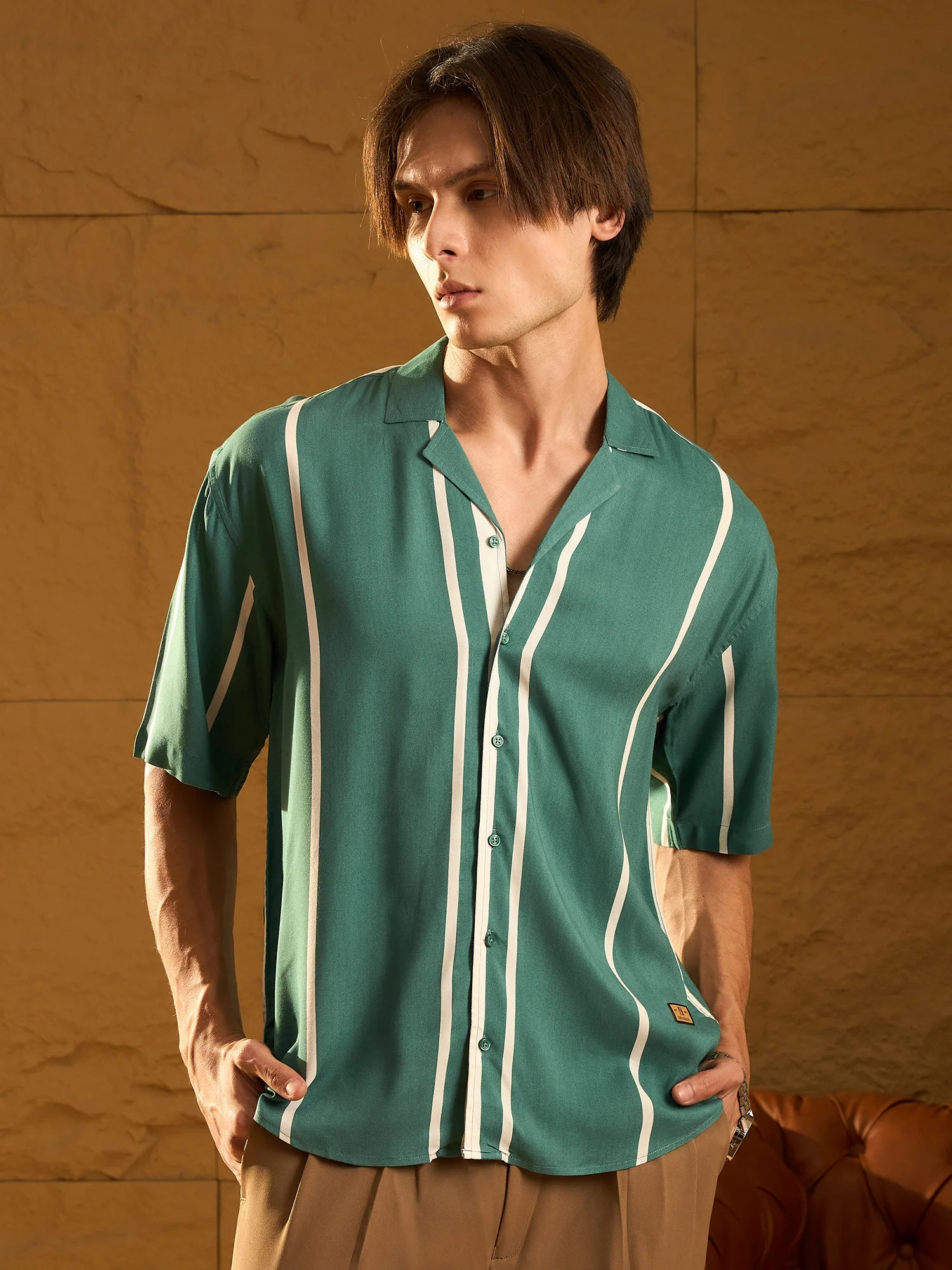 Green: Half Sleeves Oversized Stripes Shirts