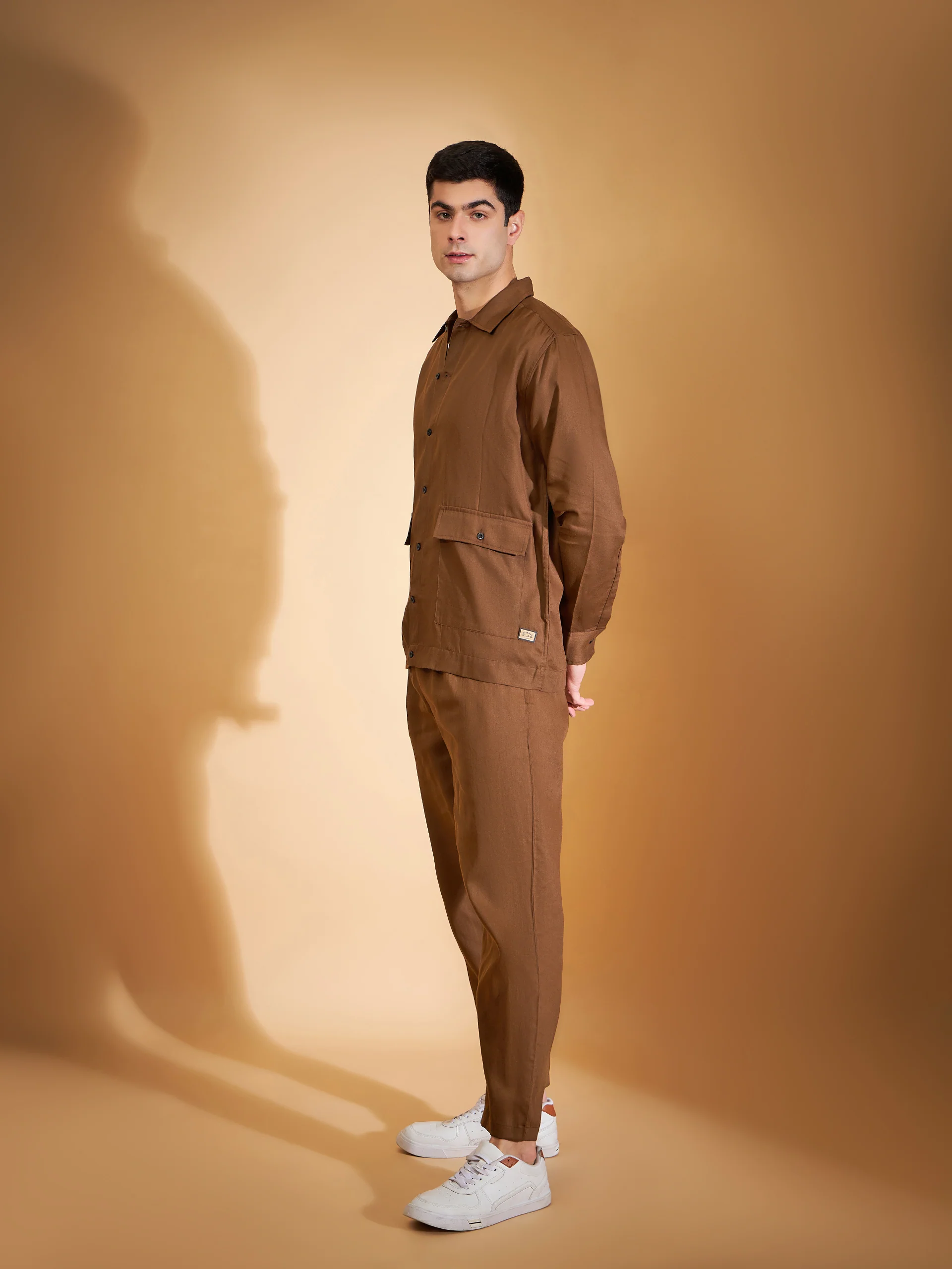 DENNISON Men Brown Coord Set | Solid Shirt With Straight Fit Pant