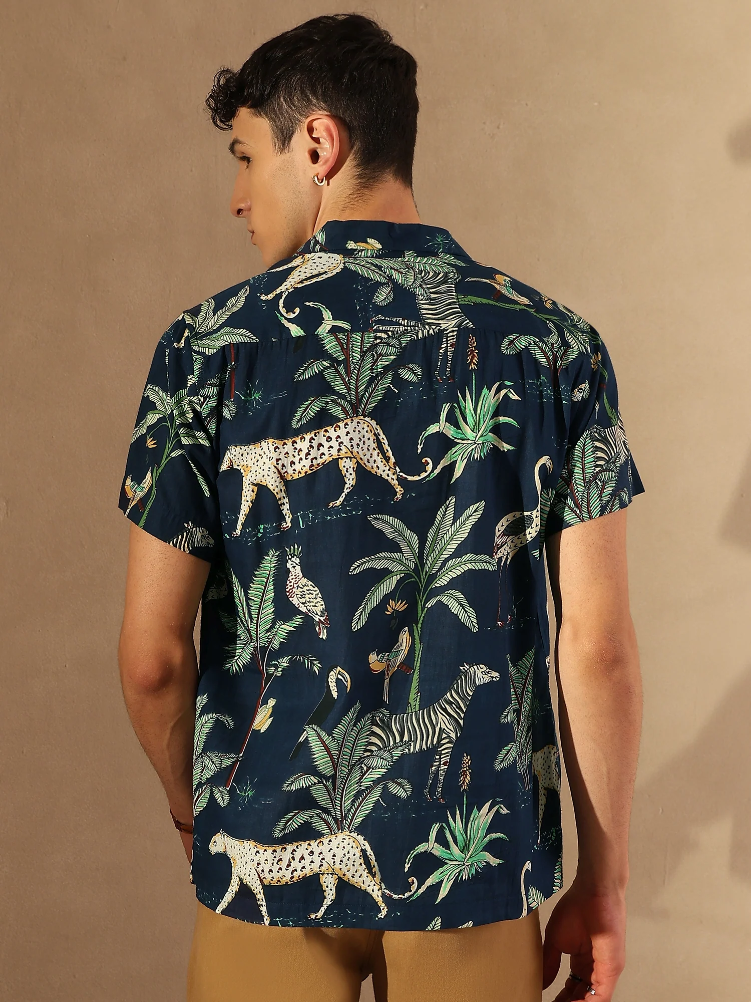 Navy Blue: Half Sleeves Block Printed Shirt
