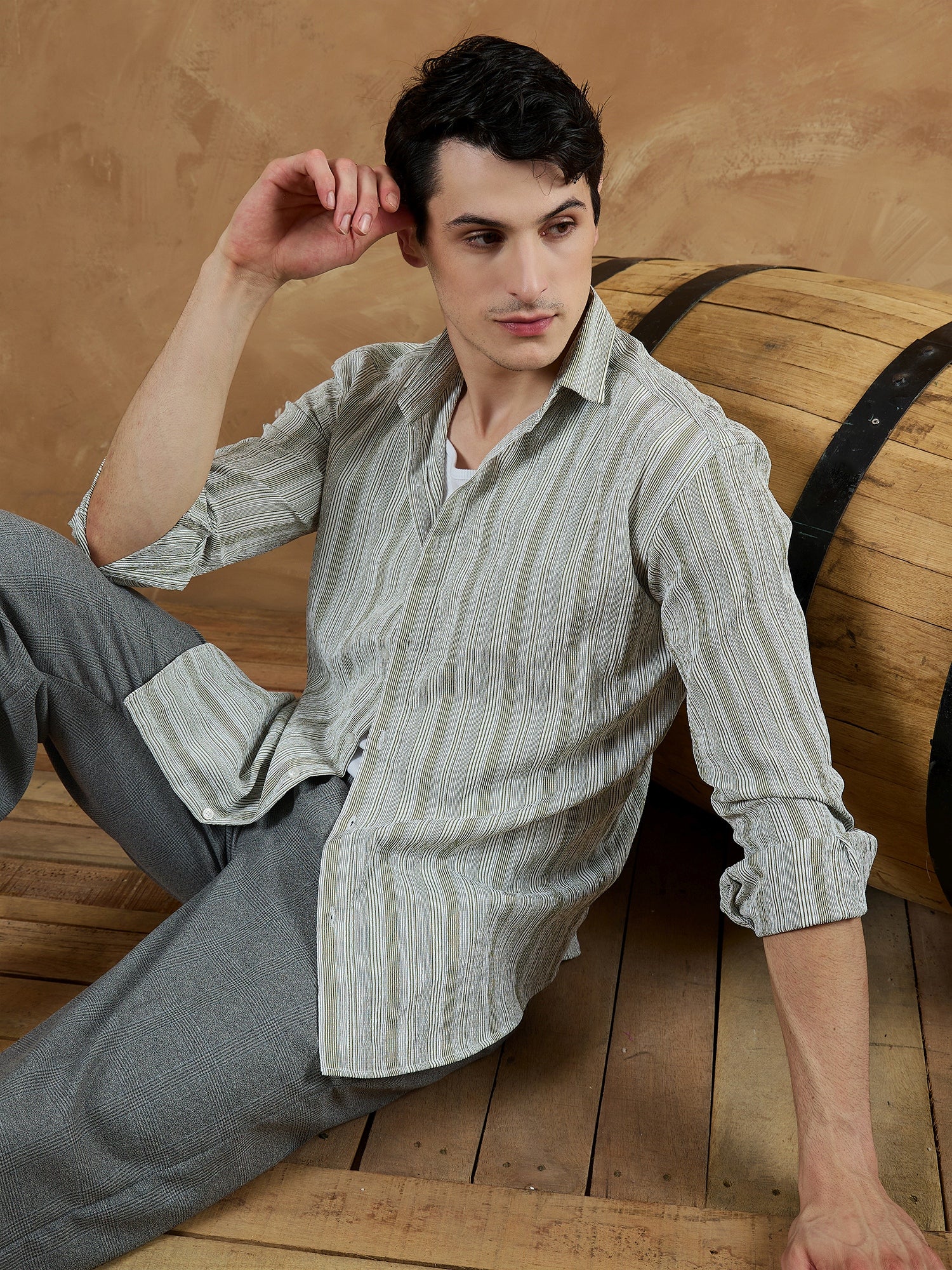 Olive Green & White: Striped Oversized Casual Shirt
