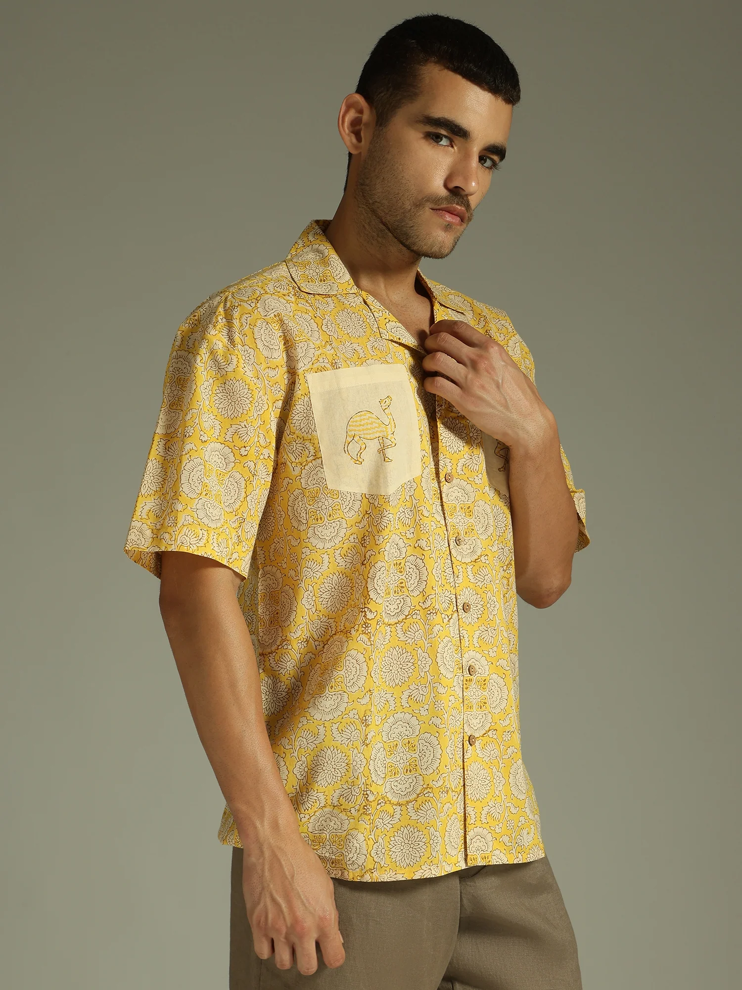 Yellow: Block Printed Oversized Casual Shirt