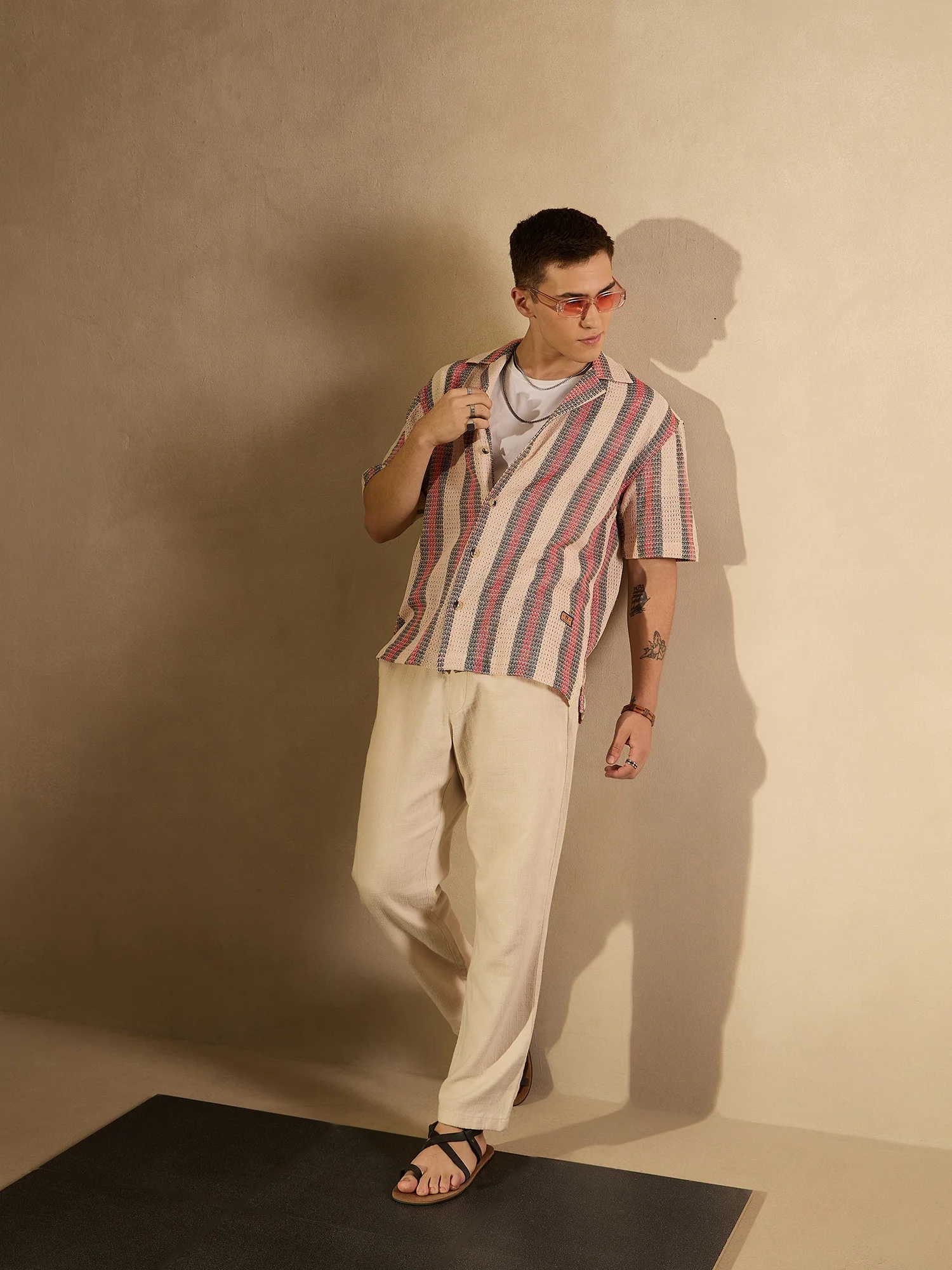 Cream & Red: Half Sleeves Crochet Oversized Striped Shirt