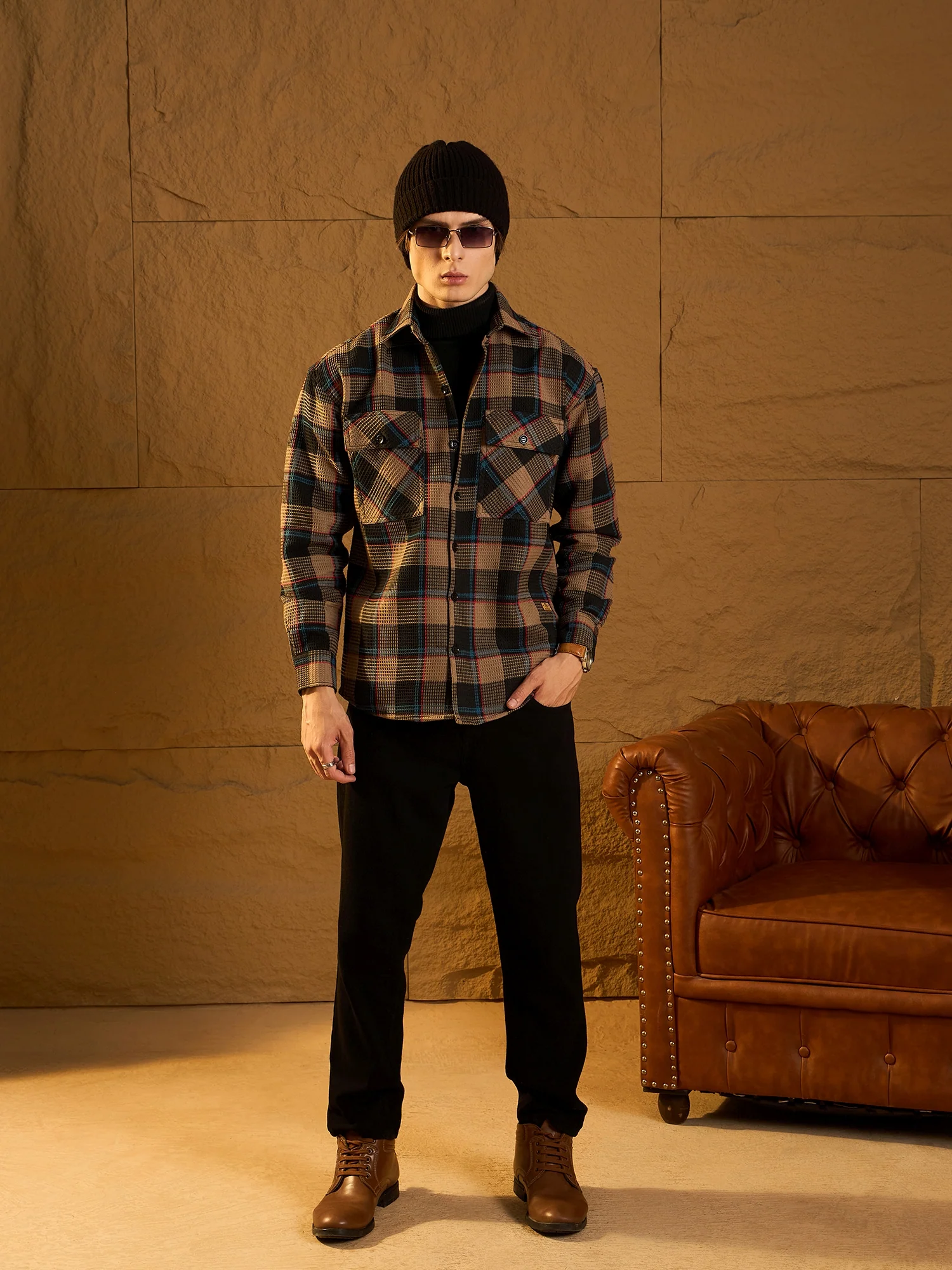 Brown & Black: Oversized Cotton Checked Shacket