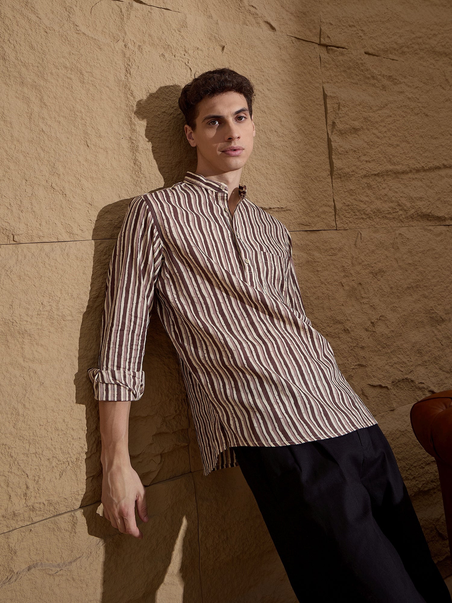 Brown and Cream: Full Sleeves Striped Printed Short Kurta