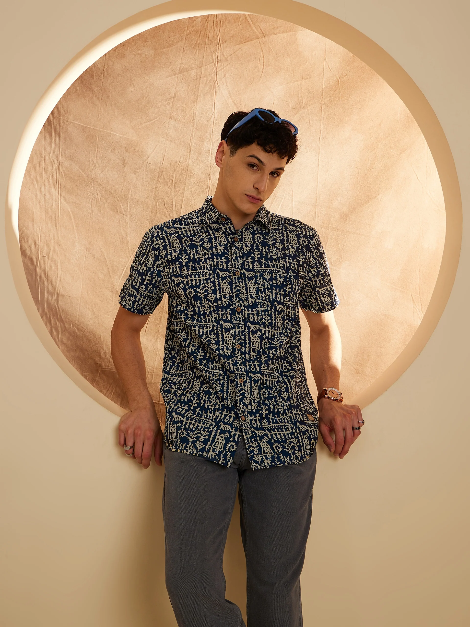 Blue & Cream: Half Sleeves Block Printed Shirt
