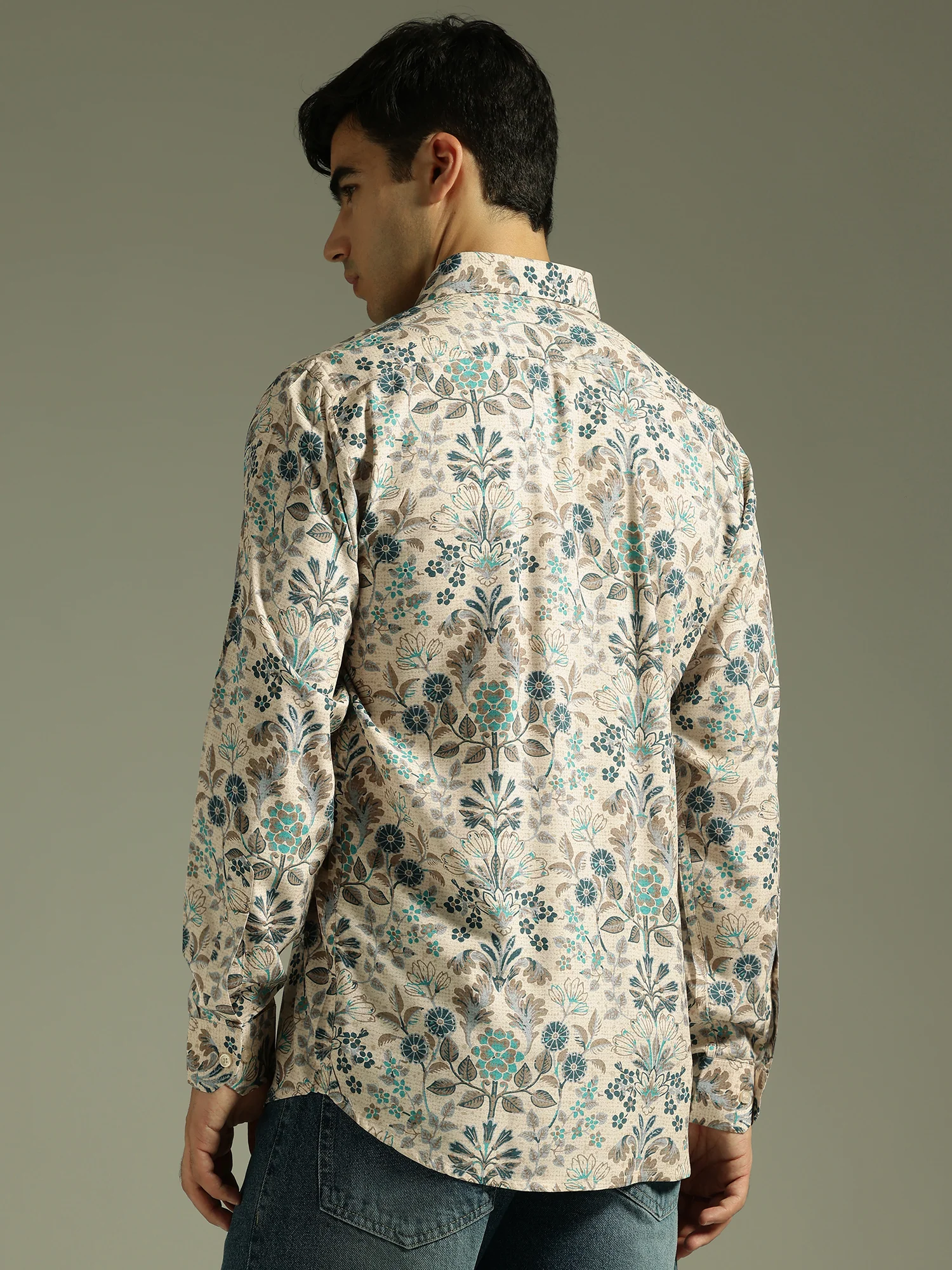 Beige: Full Sleeves Floral Printed Shirt