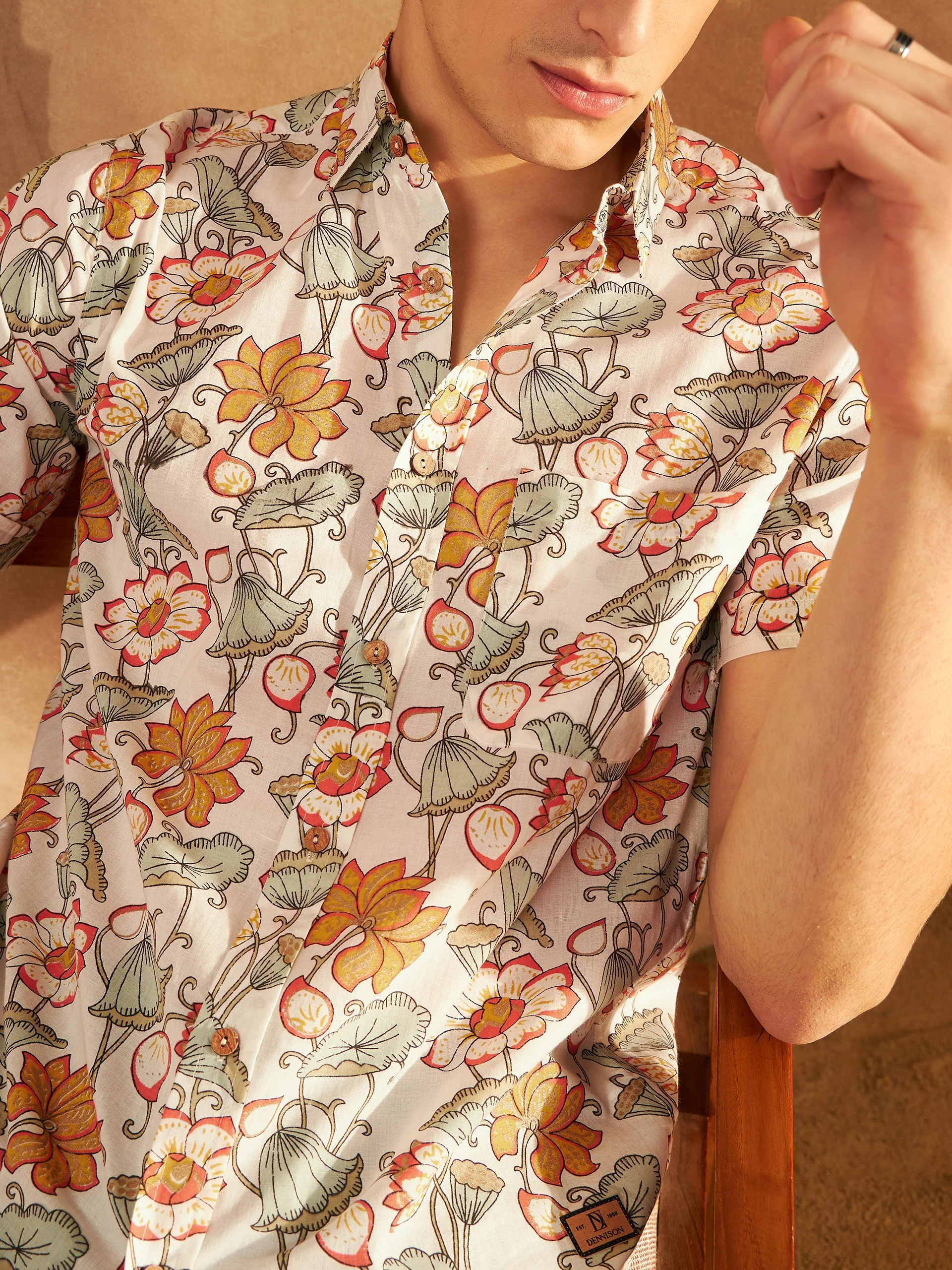 Cream & Mustard: Half Sleeves Block Printed Shirt