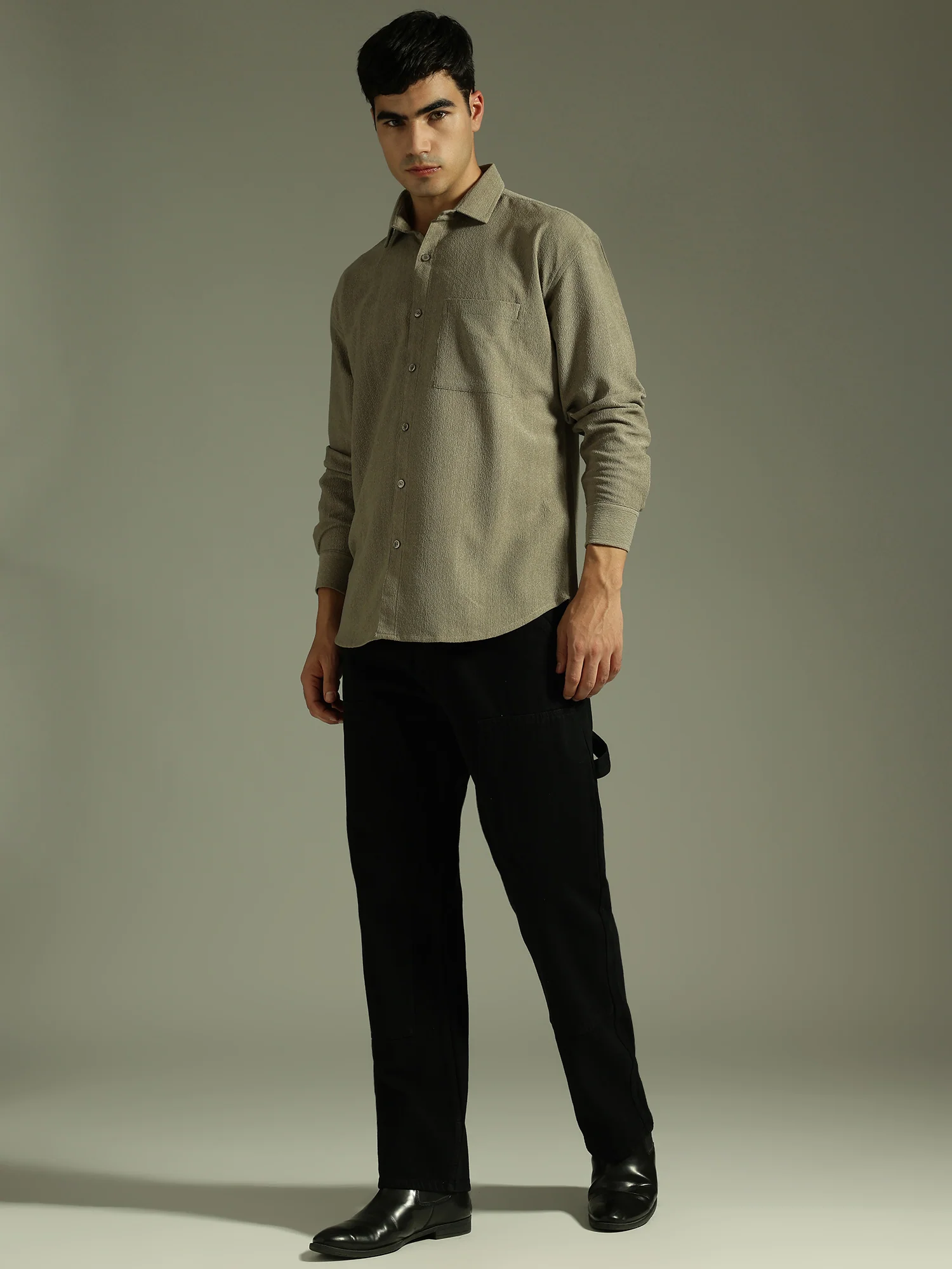 Light Olive: Textured Drop Shoulder Casual Shirt