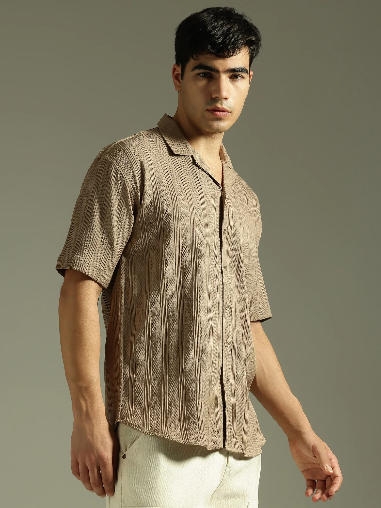 Light Brown: Self Design Oversized Casual Shirt