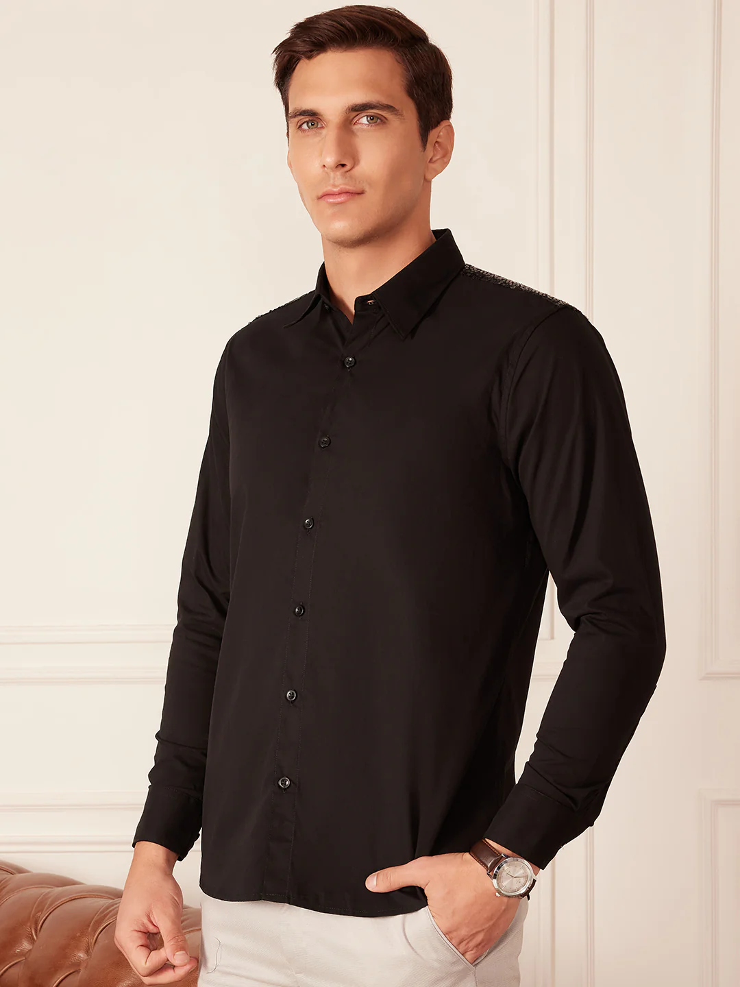 Black: Full Sleeves Seqinned Shoulder Party Shirt