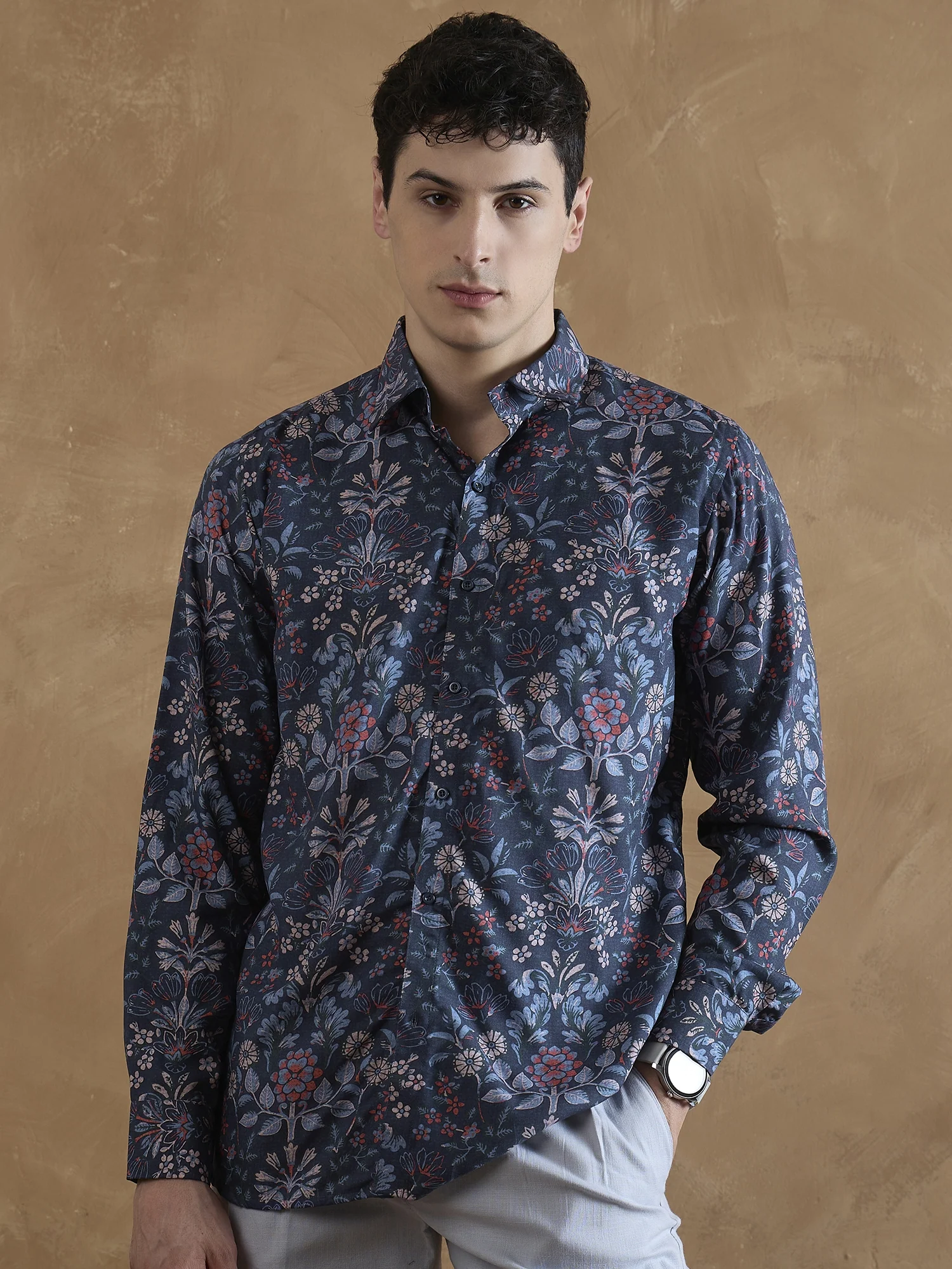 Blue: Half Sleeves Floral Printed Shirt