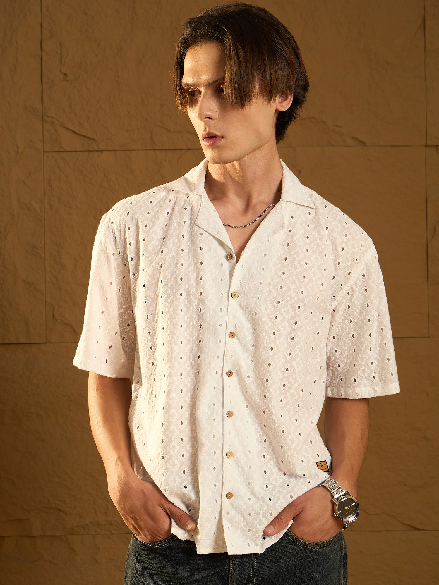 White: Half Sleeves Schiffli Semi Sheer Oversized Shirt