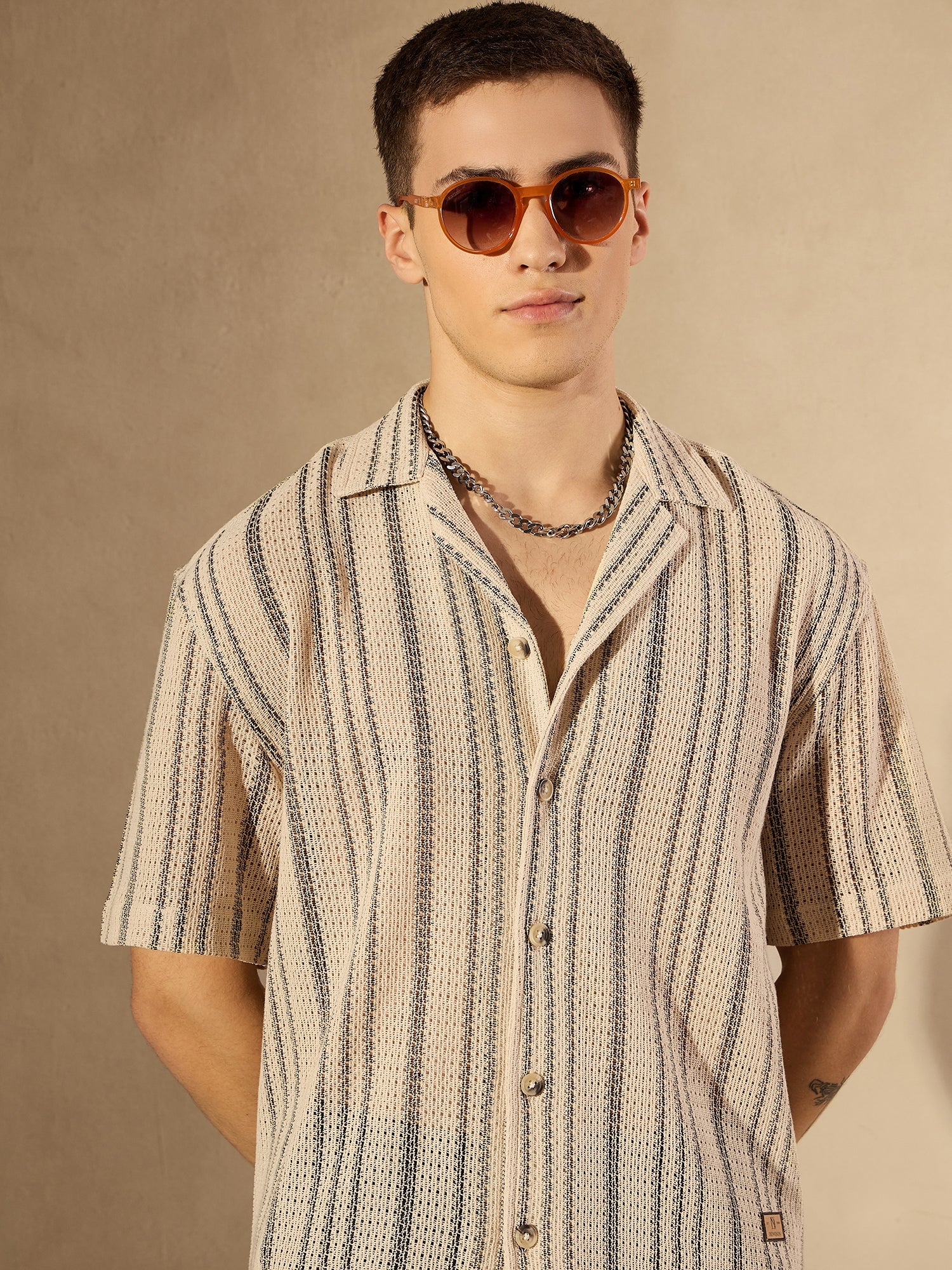Cream & Black: Half Sleeves Crochet Oversized Striped Shirt