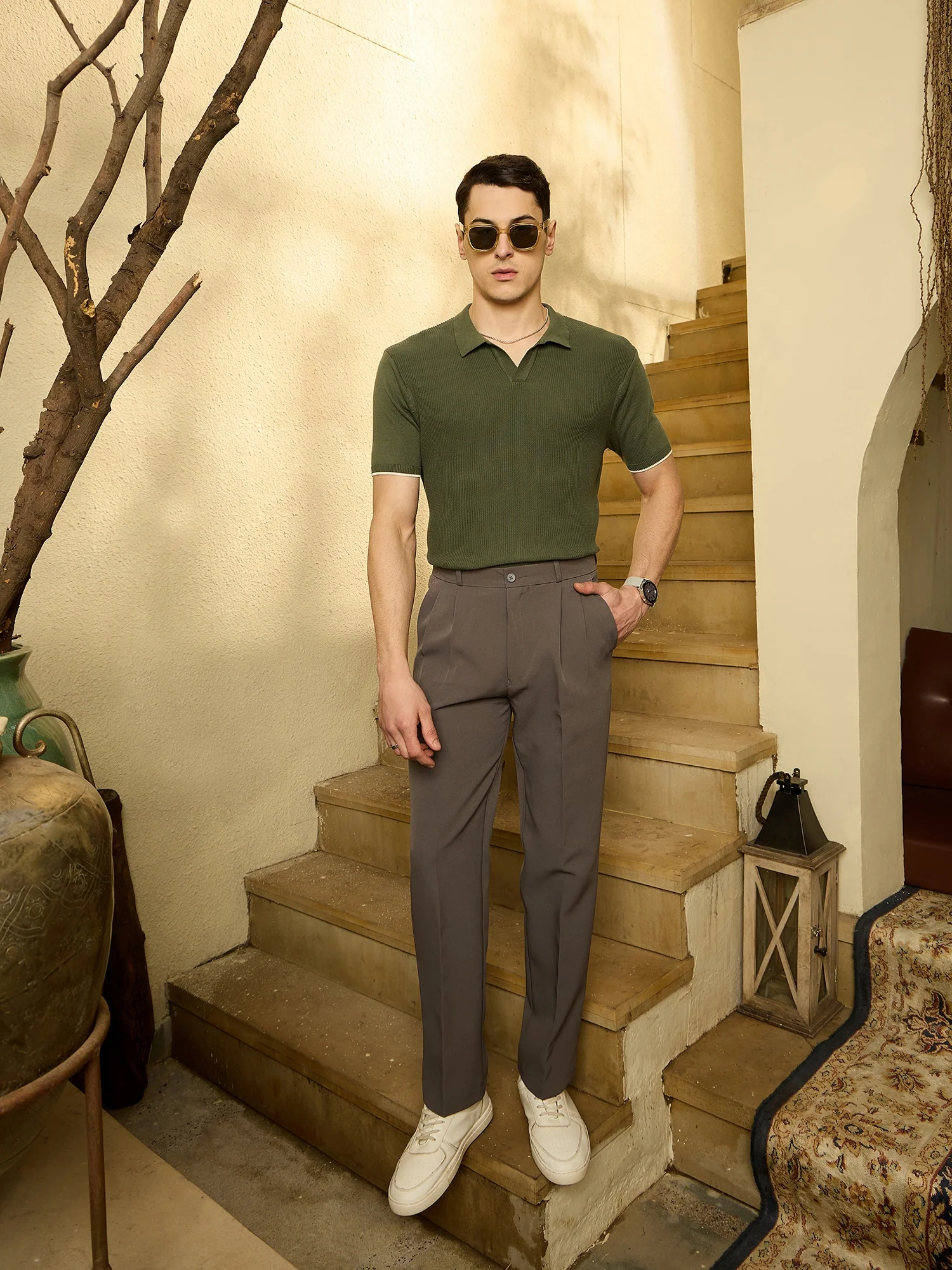 Olive: Relaxed Textured Polo T-Shirt