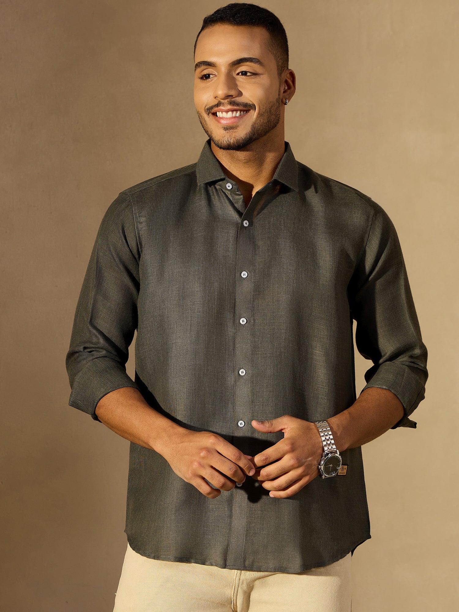 Olive Green Simple Oversized Linen Shirt