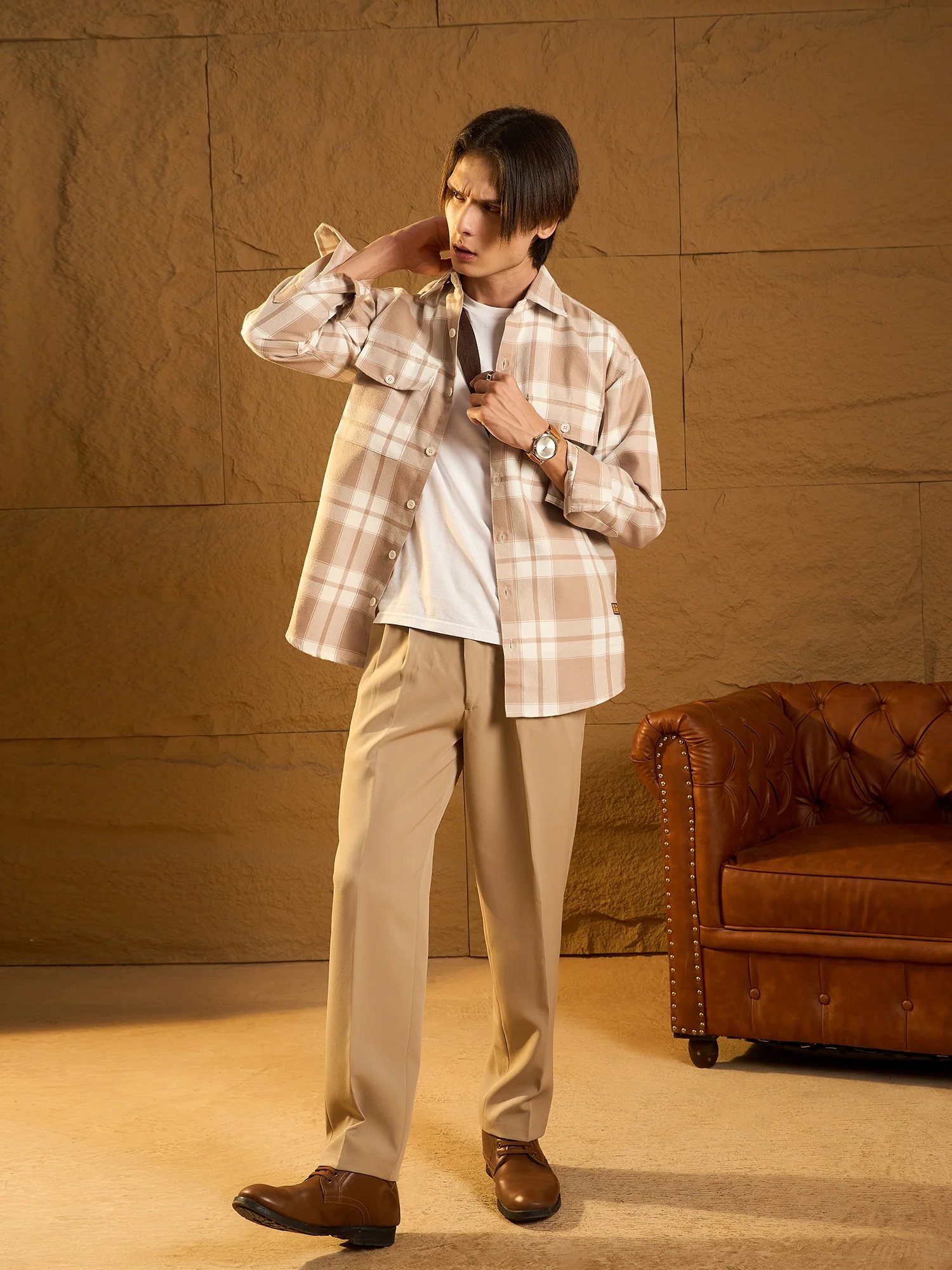 Double Pocket Drop Shoulder Oversized Cotton Checked Shacket