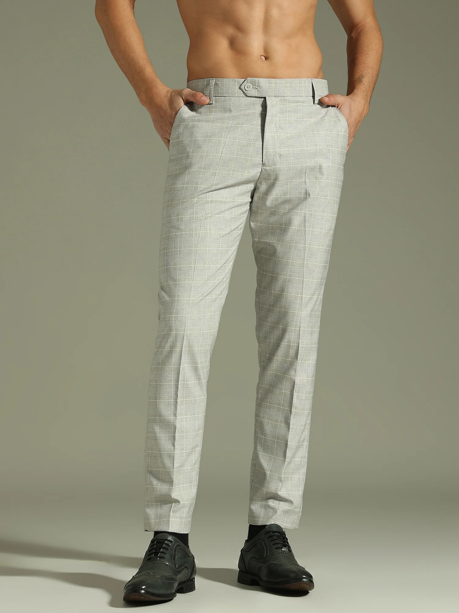 Deep Beige: Checkered Tapered Fit Casual Trouser
