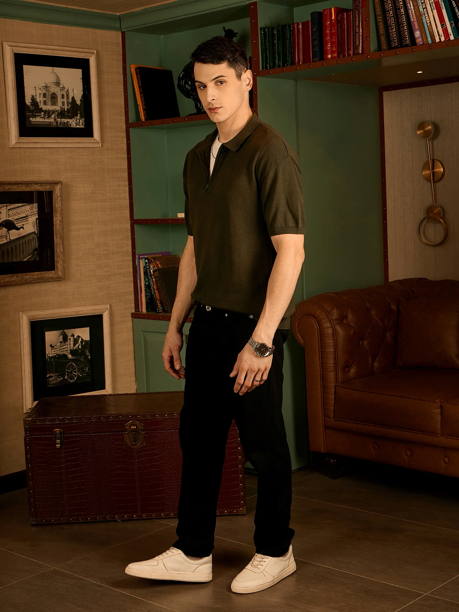 Olive: Relaxed Zipped Polo T-Shirt