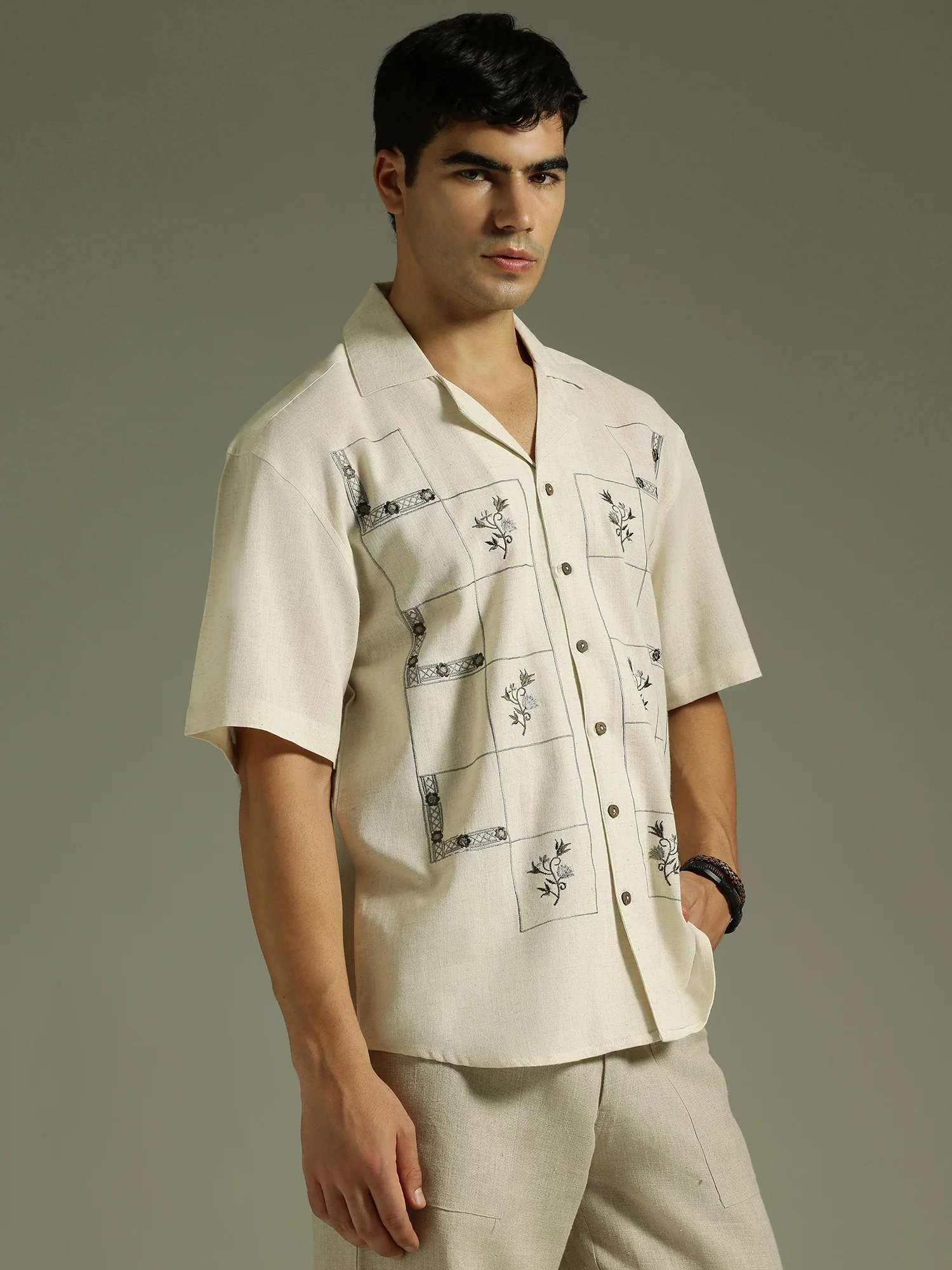 Cream: Embroidered Drop Shoulder Oversized Shirt