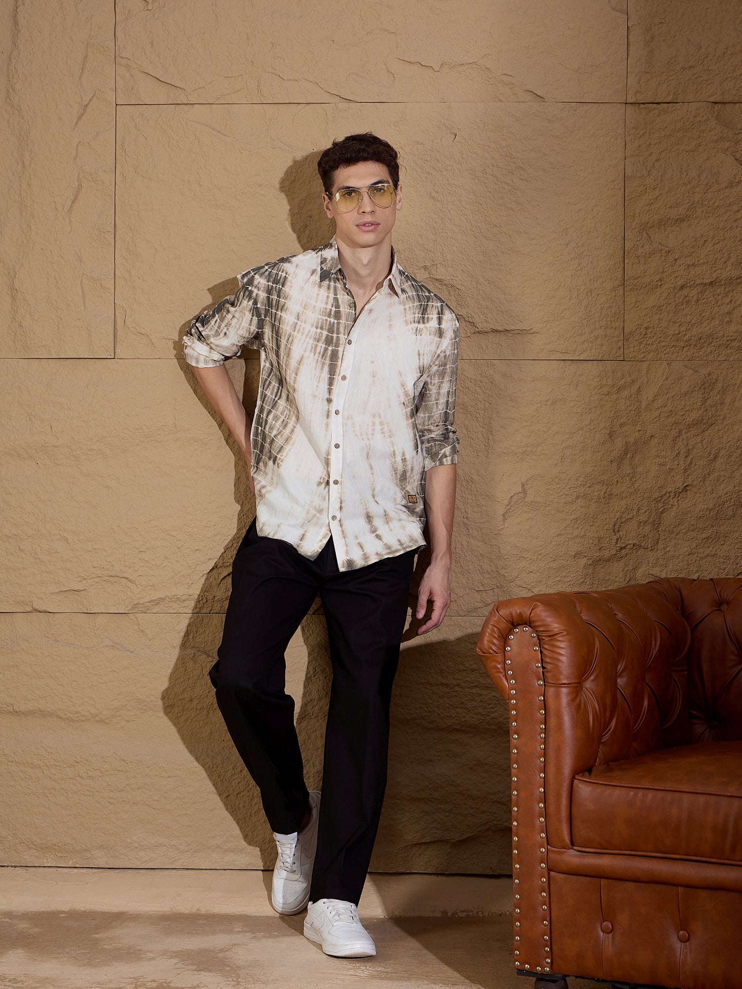 Dull Brown: Full Sleeves Tie & Dyed Oversized Shirt