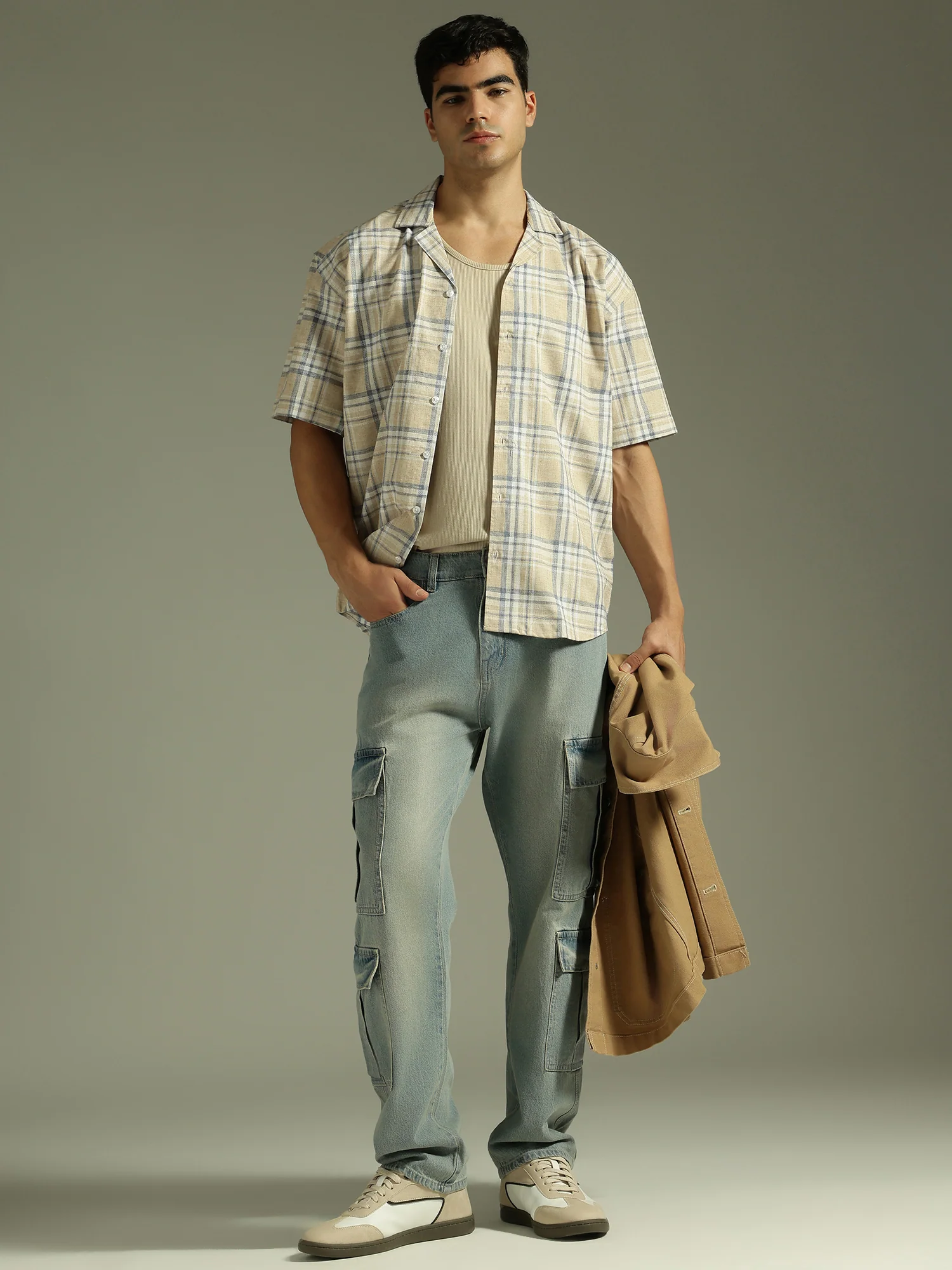 Beige & Blue: Half Sleeves Windowpane Checks Shirt