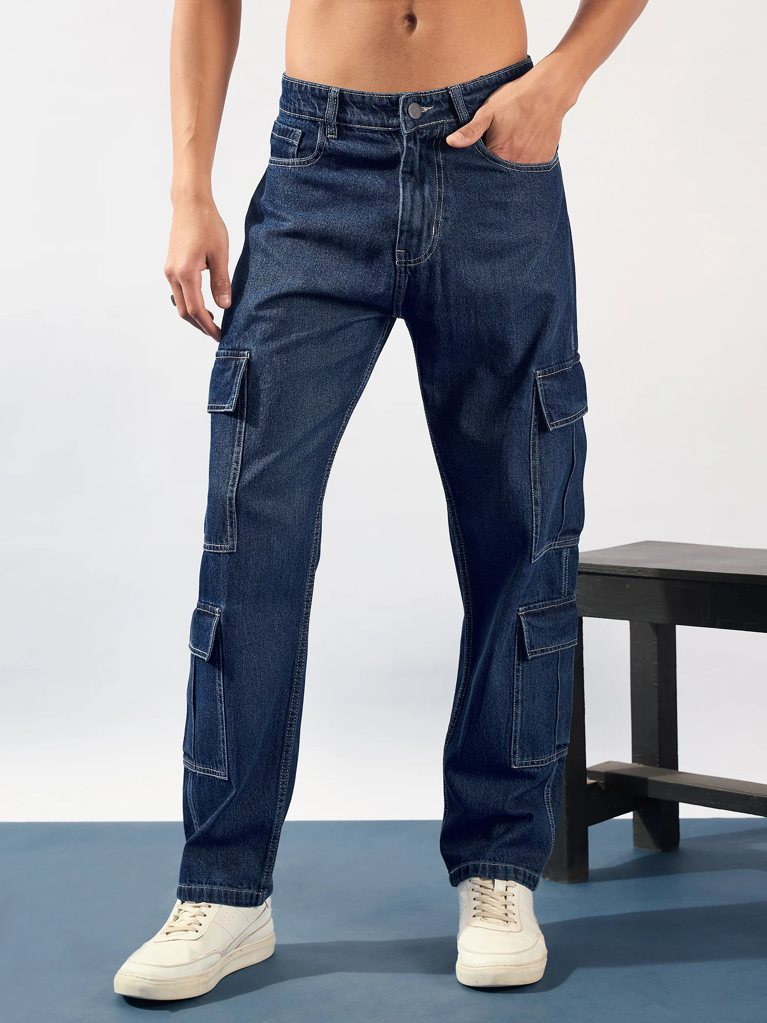 Blue: Korean Baggy Fit Cargo Jeans