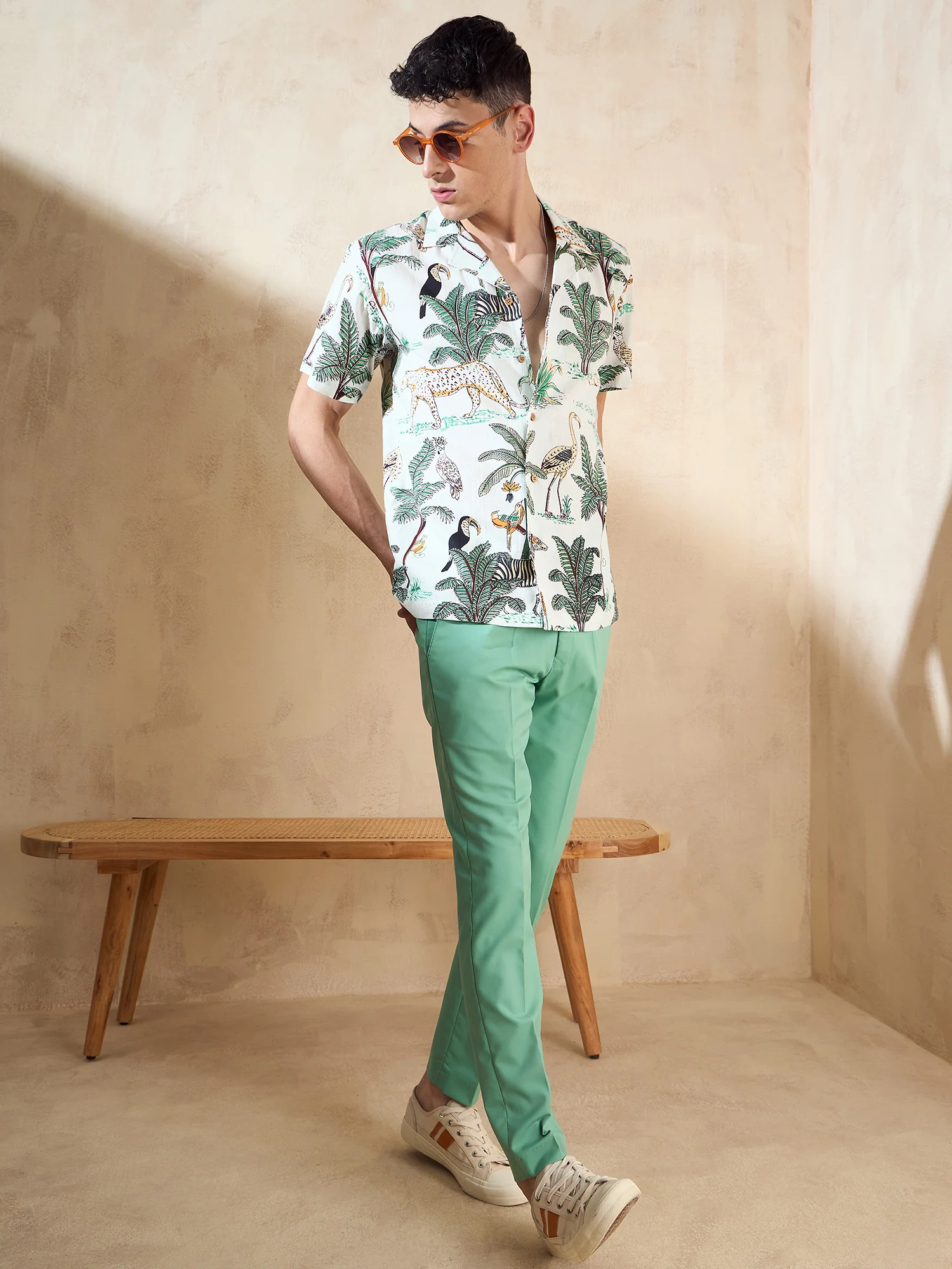 Cream: Half Sleeves Casual Printed Shirt