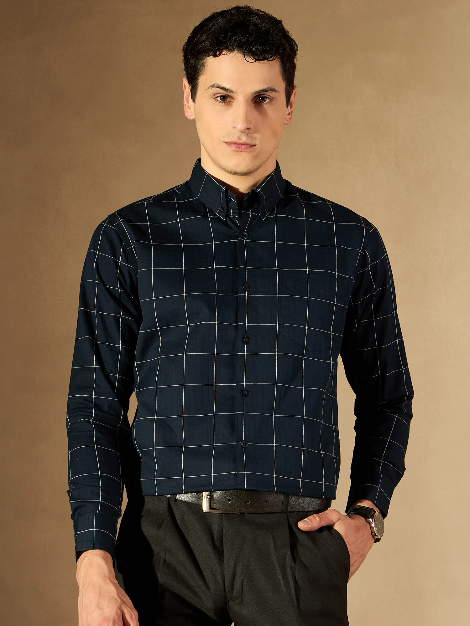 Navy Blue: Full Sleeves Checked Formal Shirt