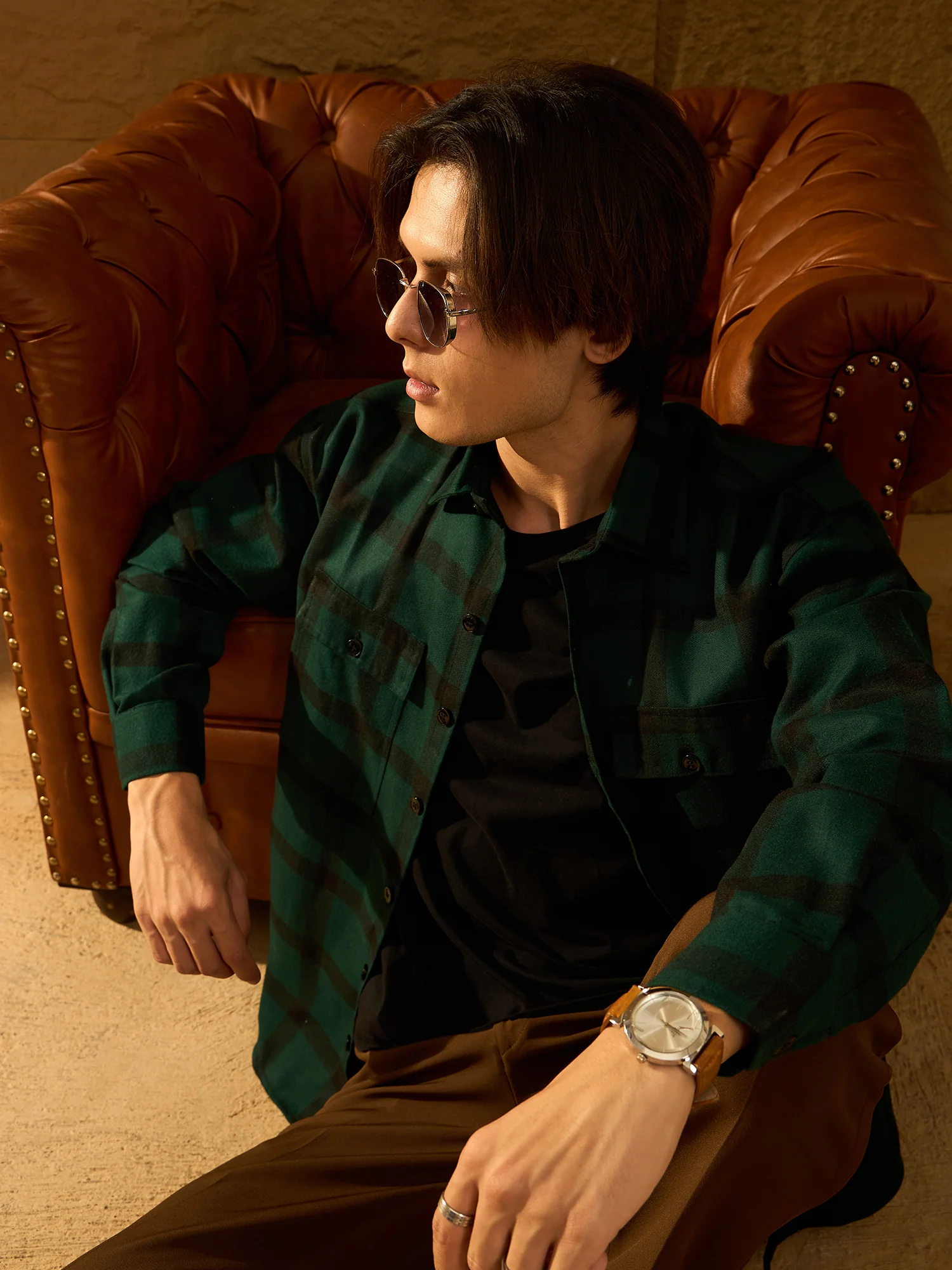 Green Checked Cotton Oversized Shacket