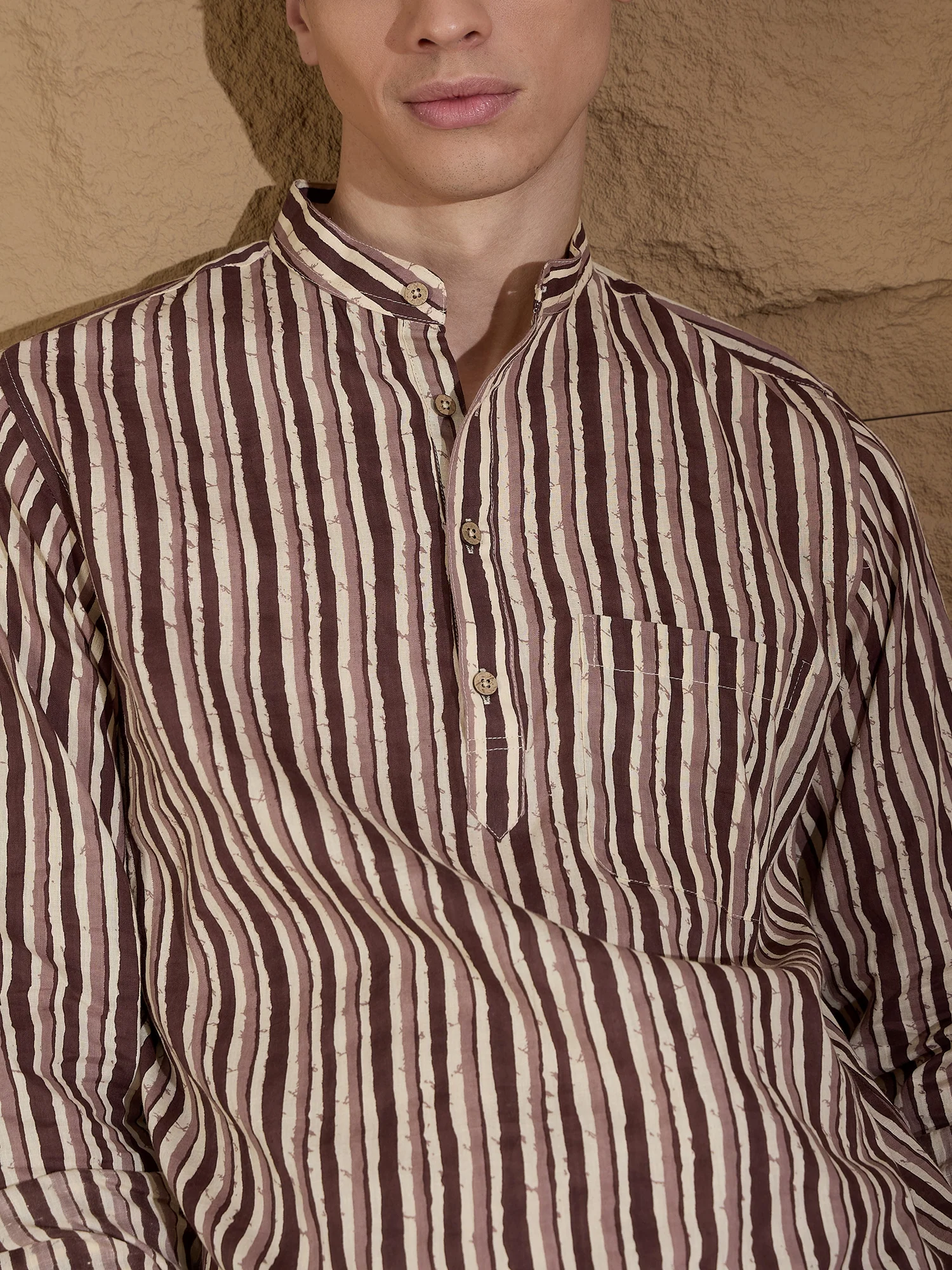 Brown and Cream: Full Sleeves Striped Printed Short Kurta
