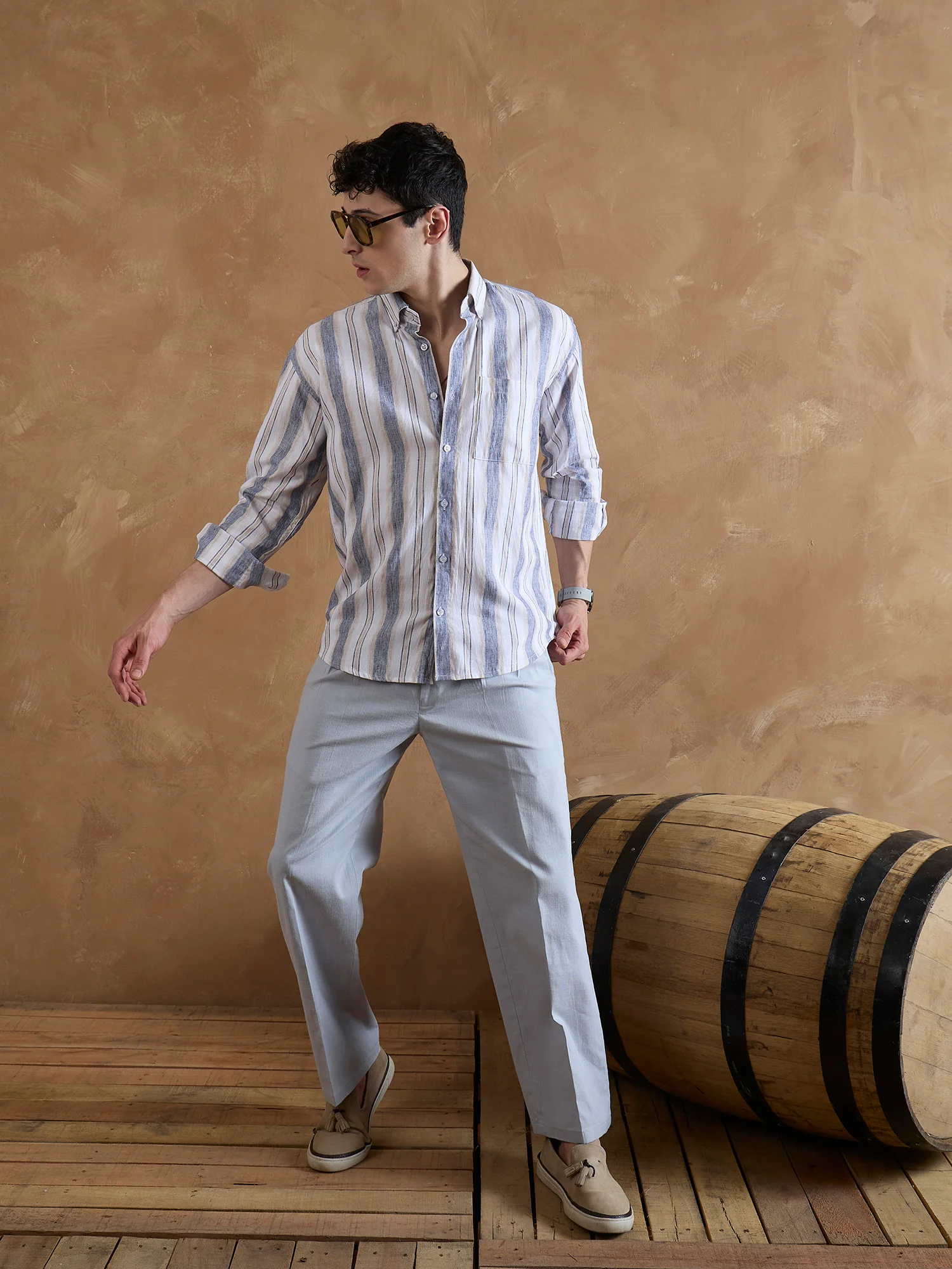 Blue & Cream: Full Sleeves Vertical Stripes Shirt