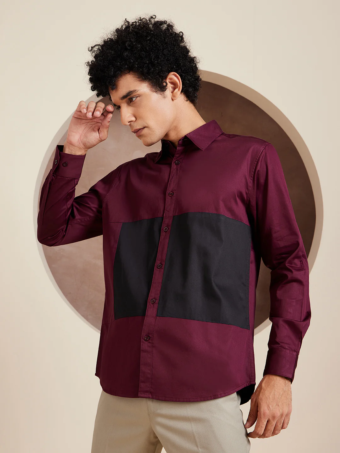 Maroon & Black: Full Sleeves Cotton Casual Shirt