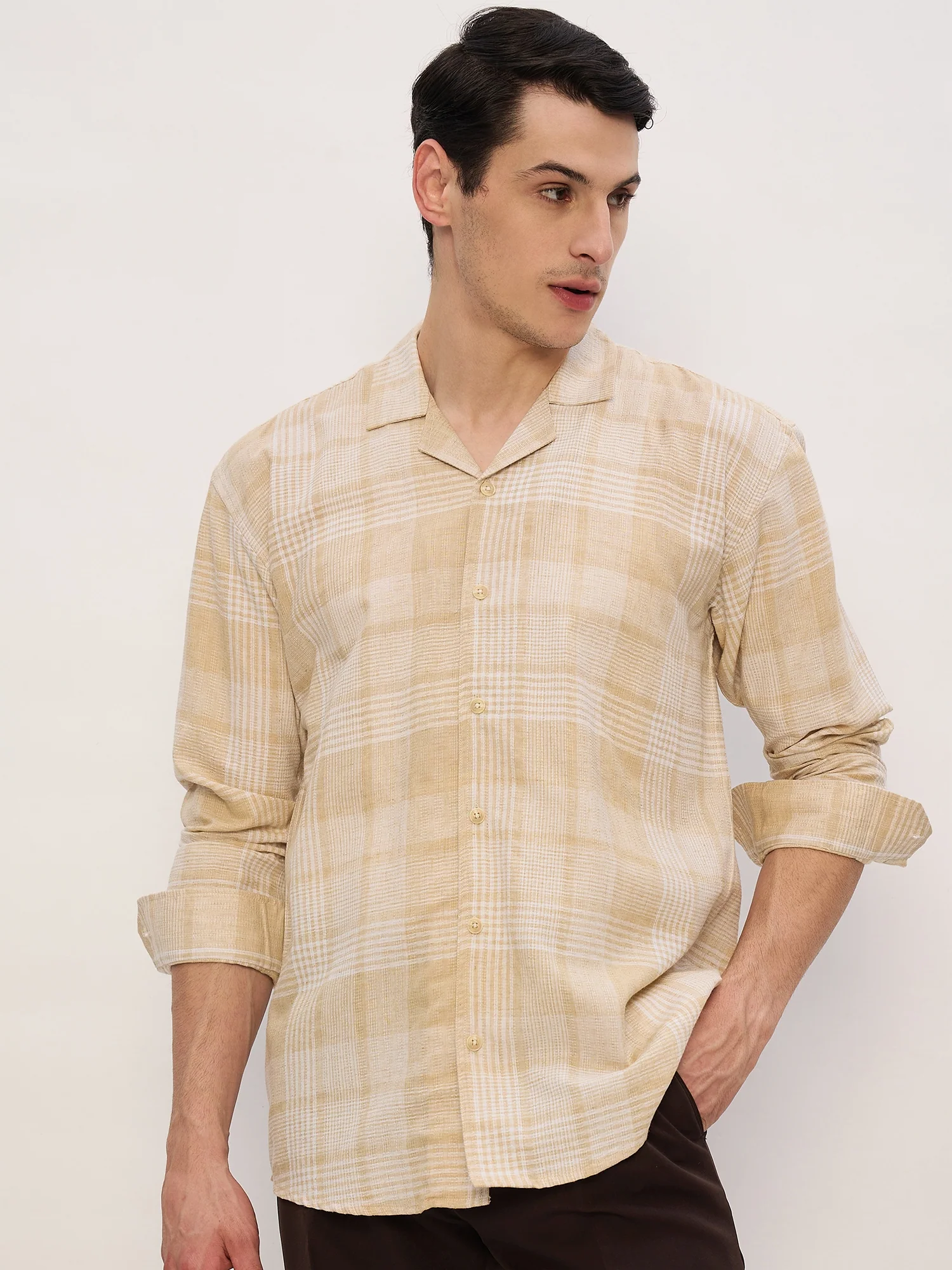 Beige & White: Full Sleeves Checkered Shirt