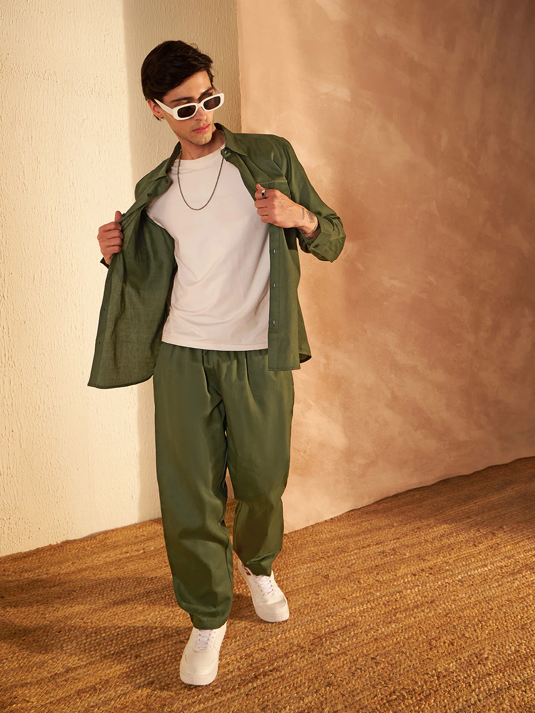 DENNISON Men Olive Coord Set | Solid Shirt With Straight Fit Pant