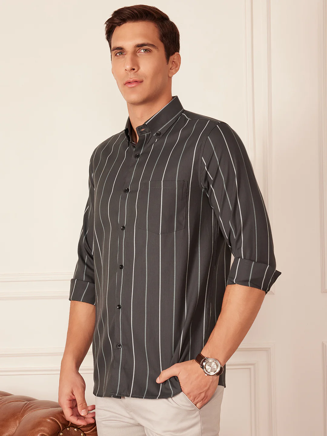 Dark Green & off white: Full Sleeve Button-Down Collar Striped Shirt
