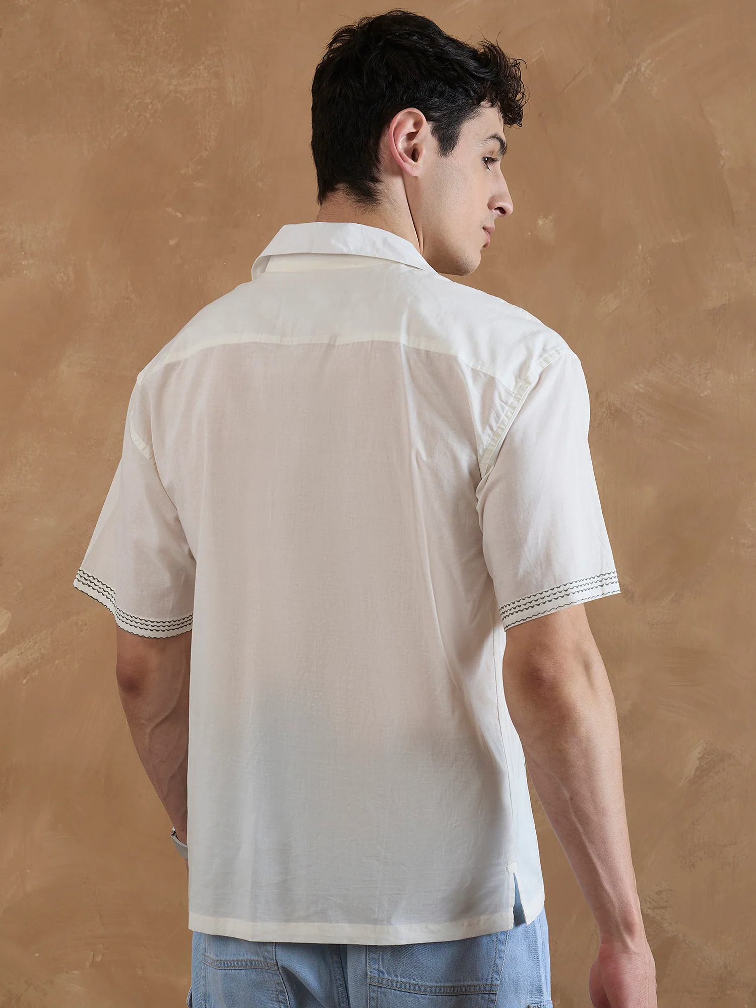 Off White & Grey: Half Sleeves Hand Block Printed Shirt