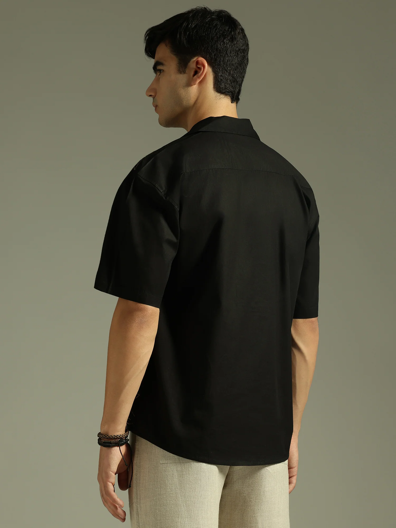 Black: Embroidered Drop Shoulder Oversized Shirt