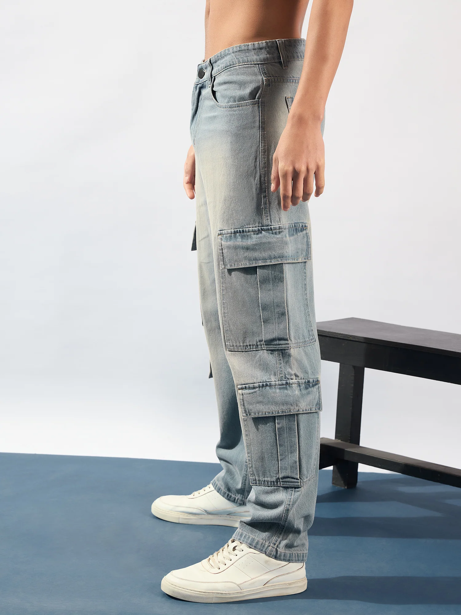 Blue: Korean Baggy Fit Cargo Jeans