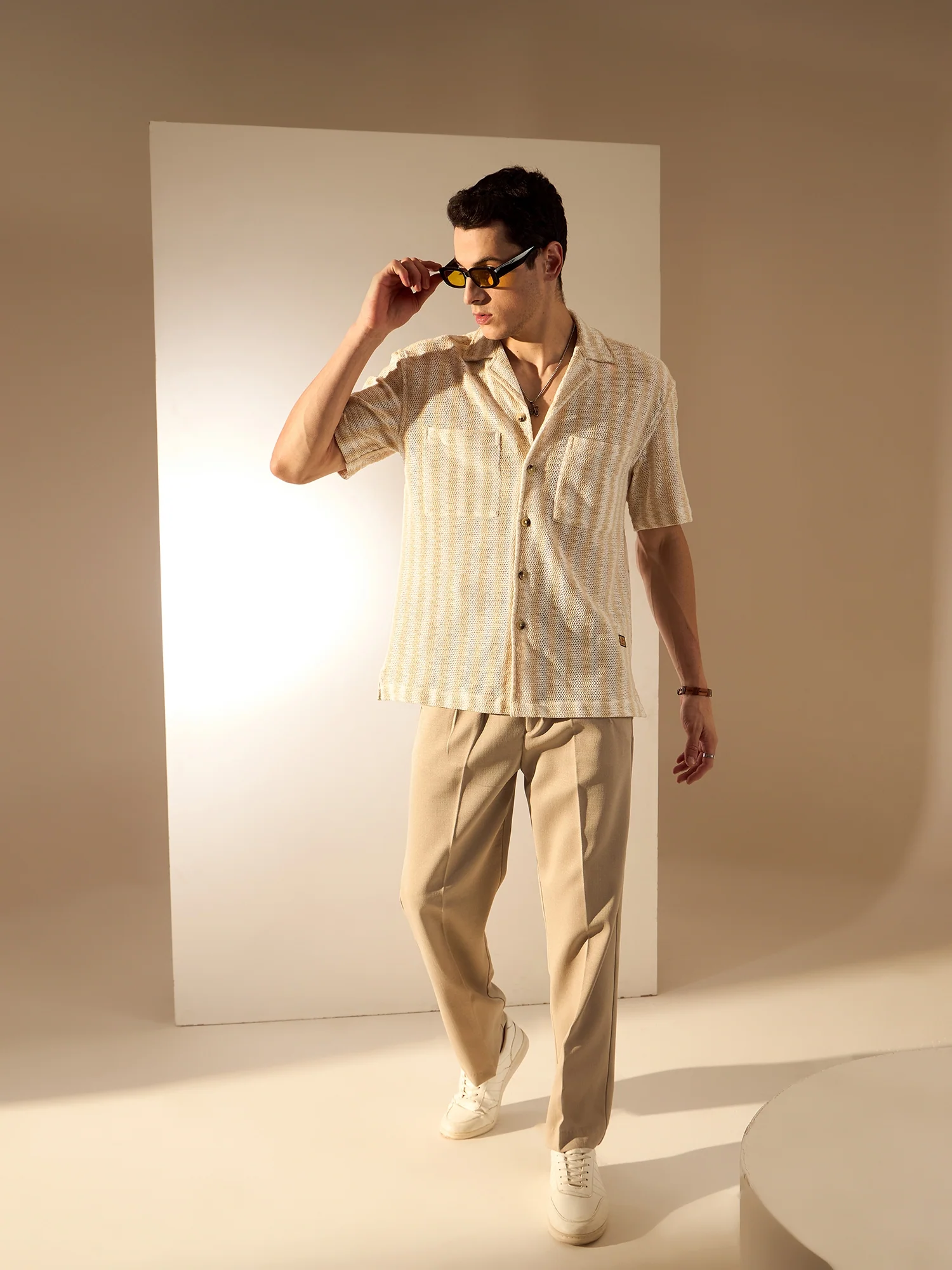 Beige & White: Zig Zag Oversized Crochet Shirt