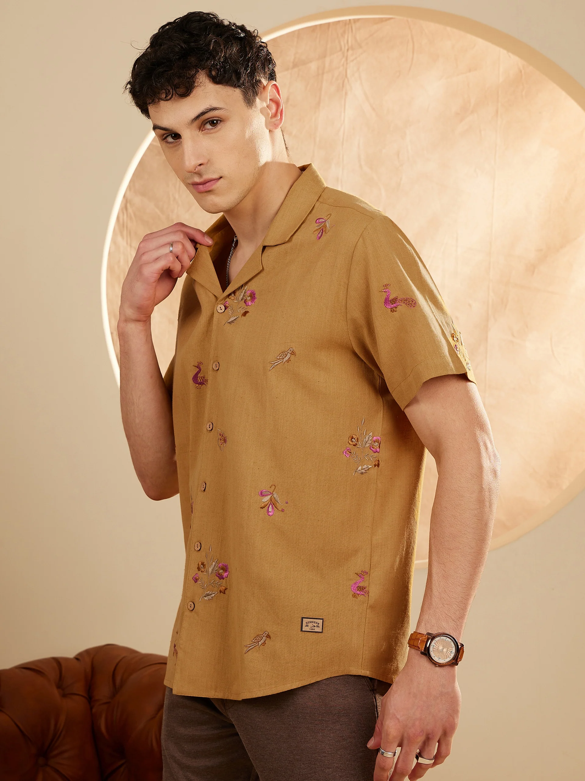 Mustard: Half Sleeves Embroidery Casual Shirt
