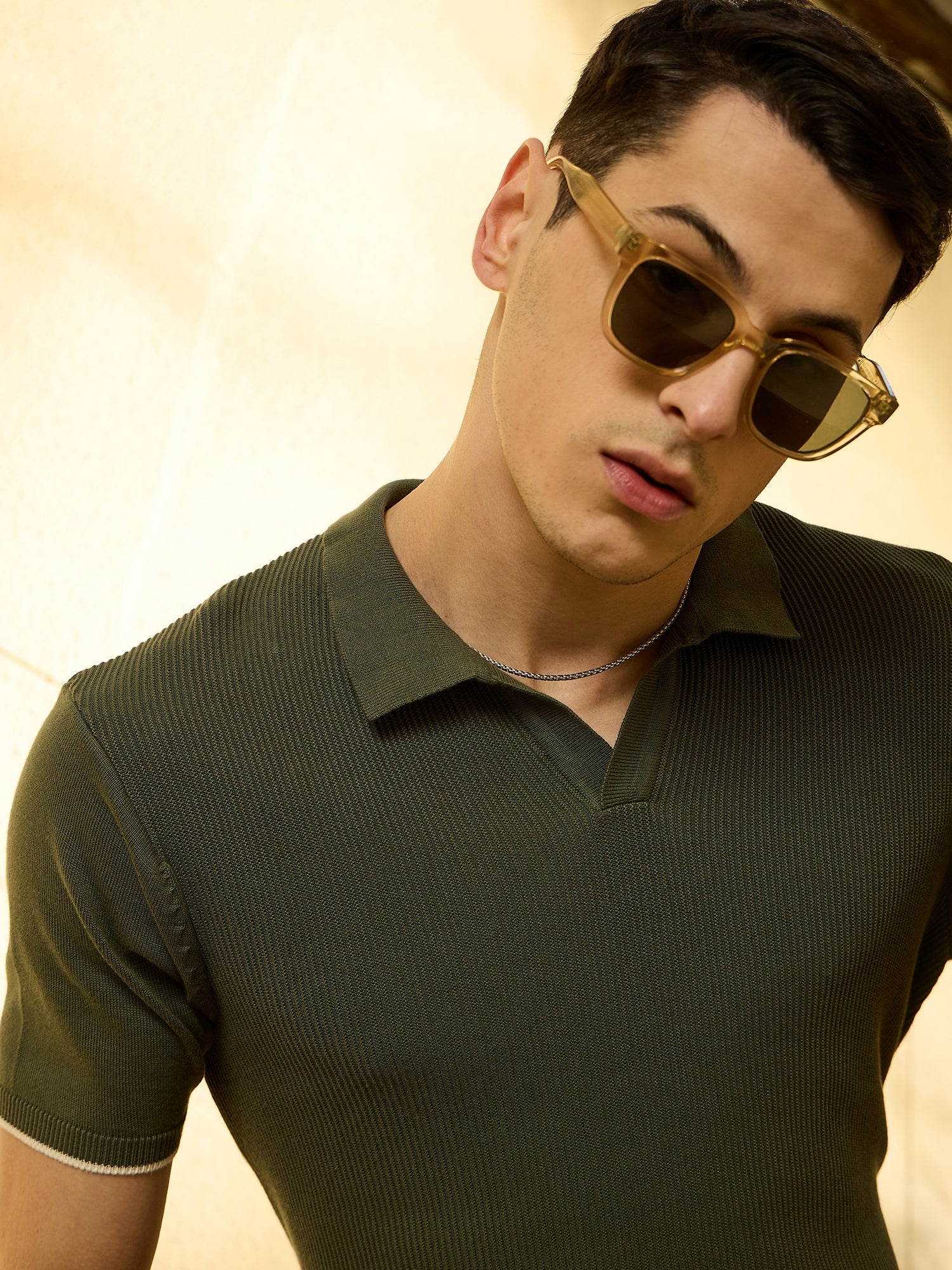 Olive: Relaxed Textured Polo T-Shirt