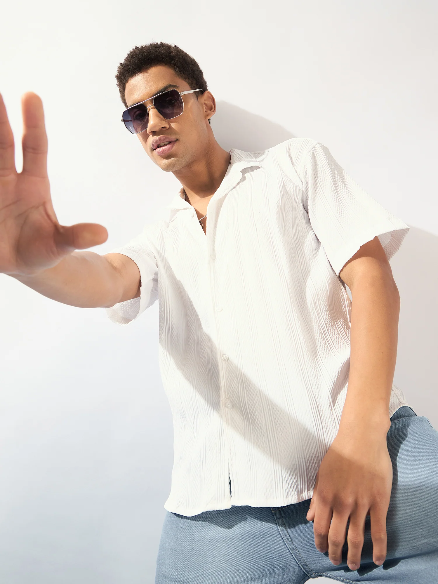 White: Self Design Oversized Casual Shirt
