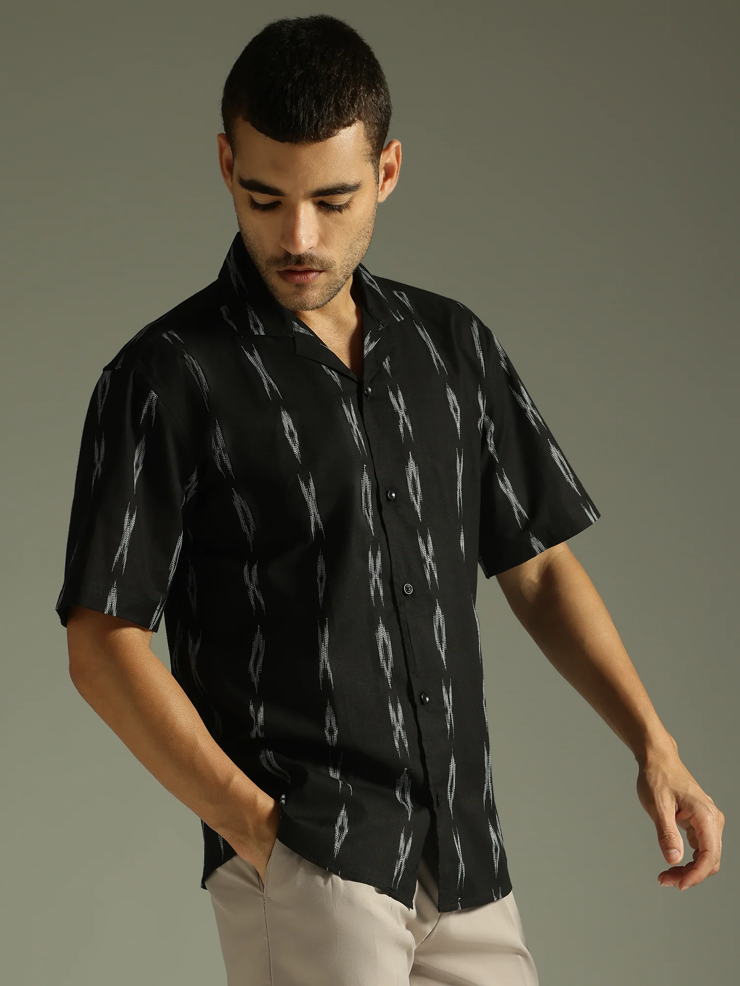 Black: Ikat Embroidered Casual Shirt