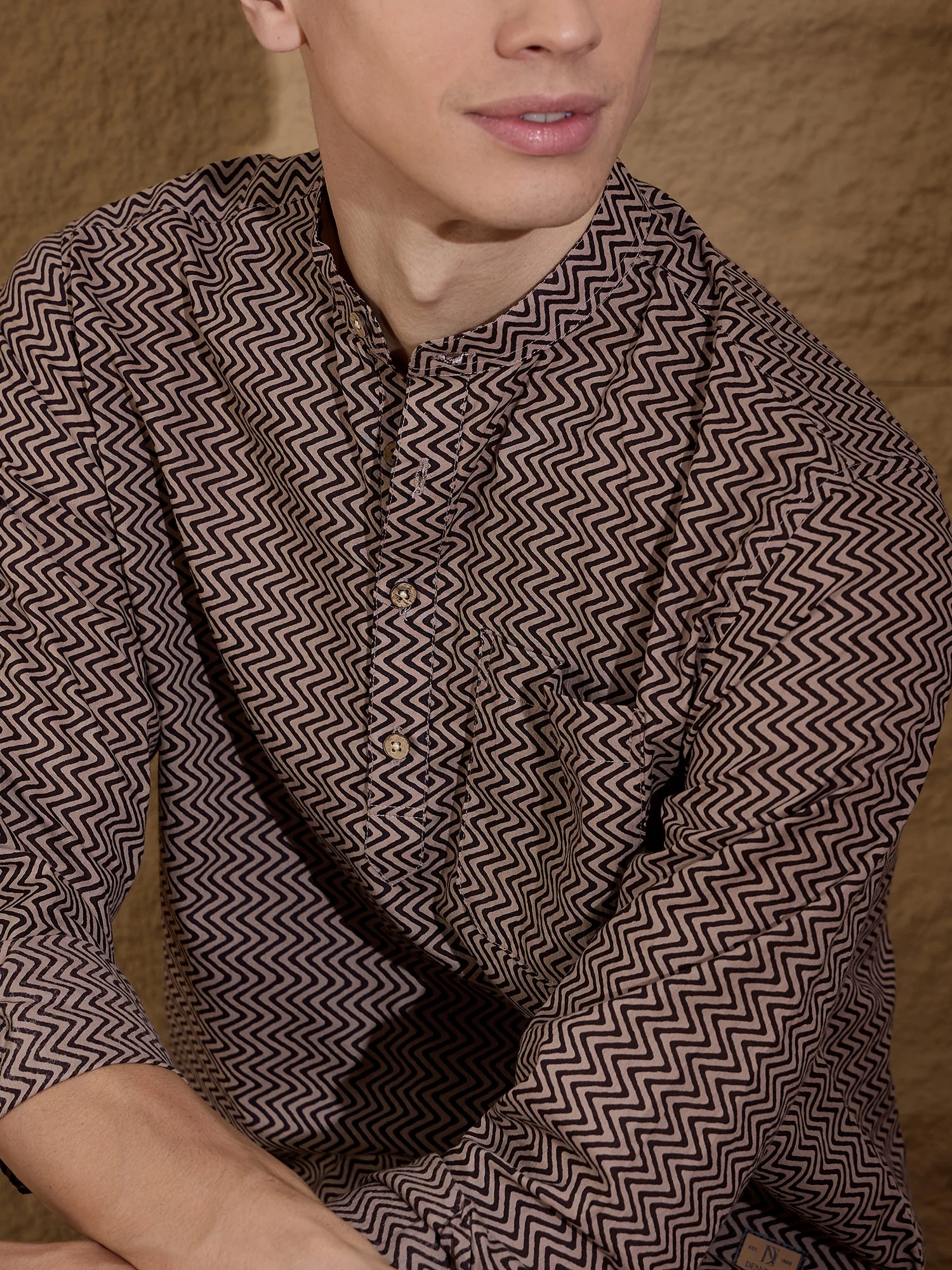 Black and Brown: Full Sleeves Printed Short Kurta