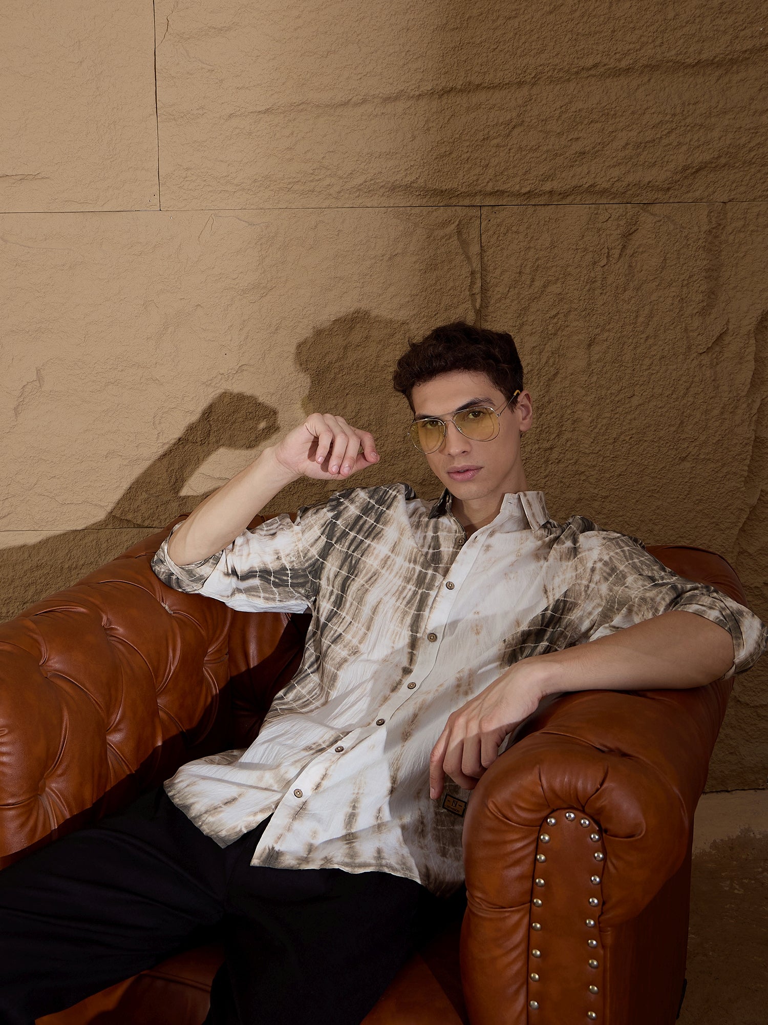 Dull Brown: Full Sleeves Tie & Dyed Oversized Shirt