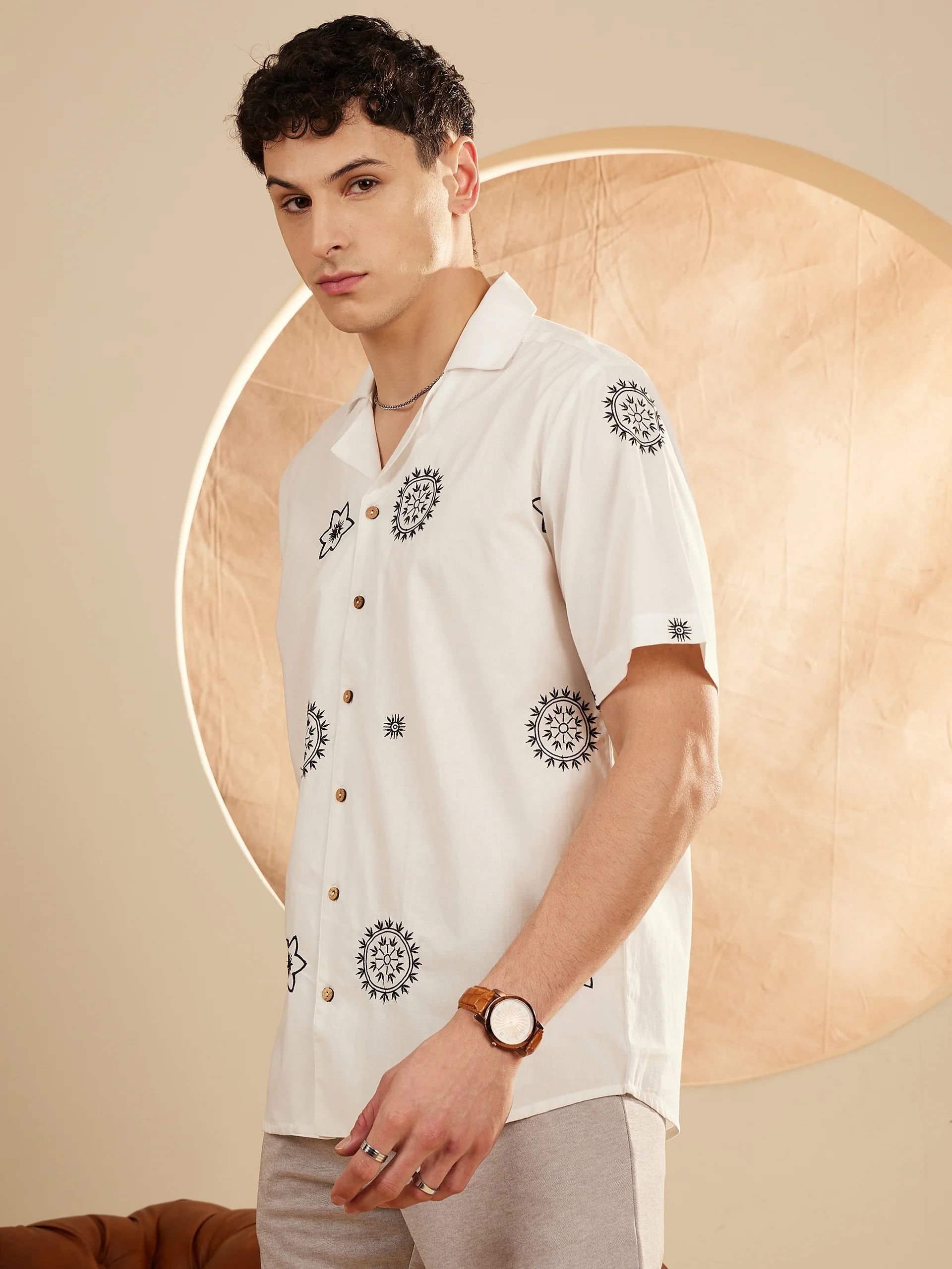 White: Half Sleeves Embroidery Casual Shirt