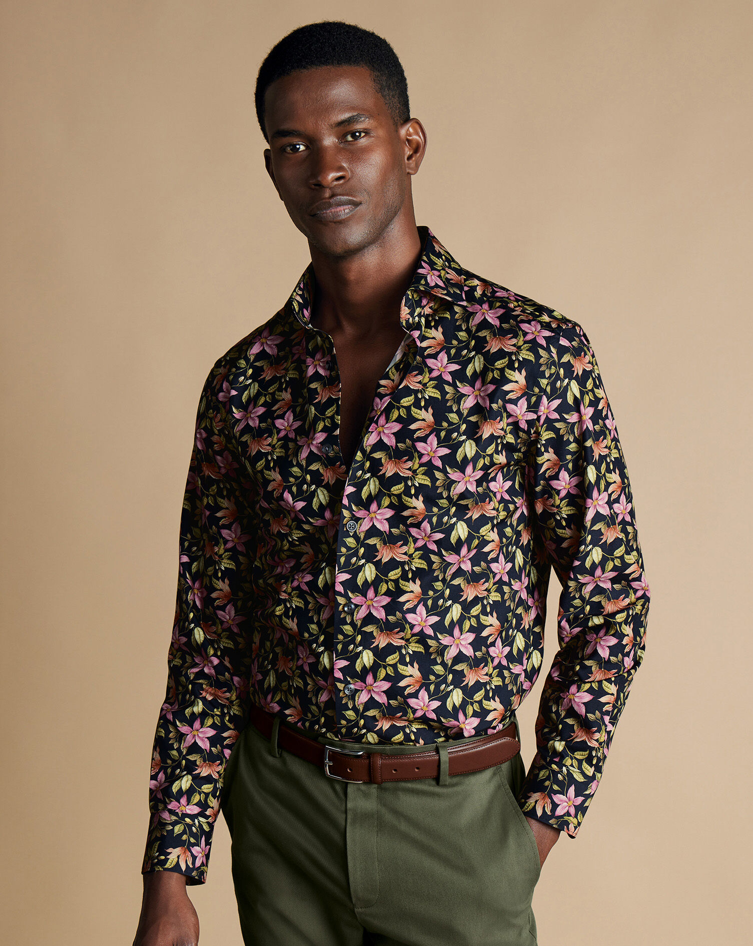 Made with Liberty Fabric Semi-Spread Collar Large Floral Print Shirt - Navy